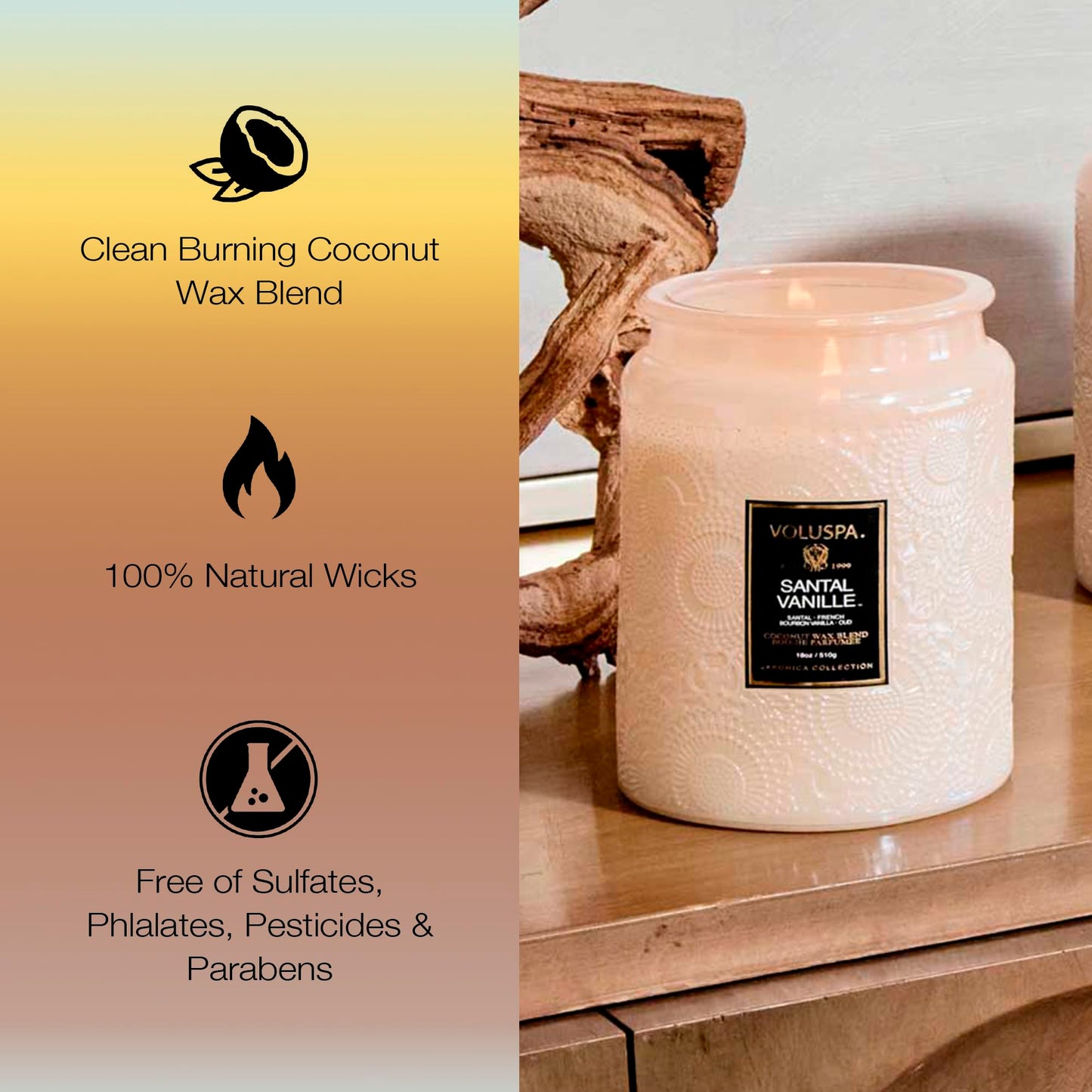 Voluspa Santal Vanille Candle, 18 oz, Coconut Wax Blend, Scented Candles for Home, 100 Hour Burn Time, Candle Jars
