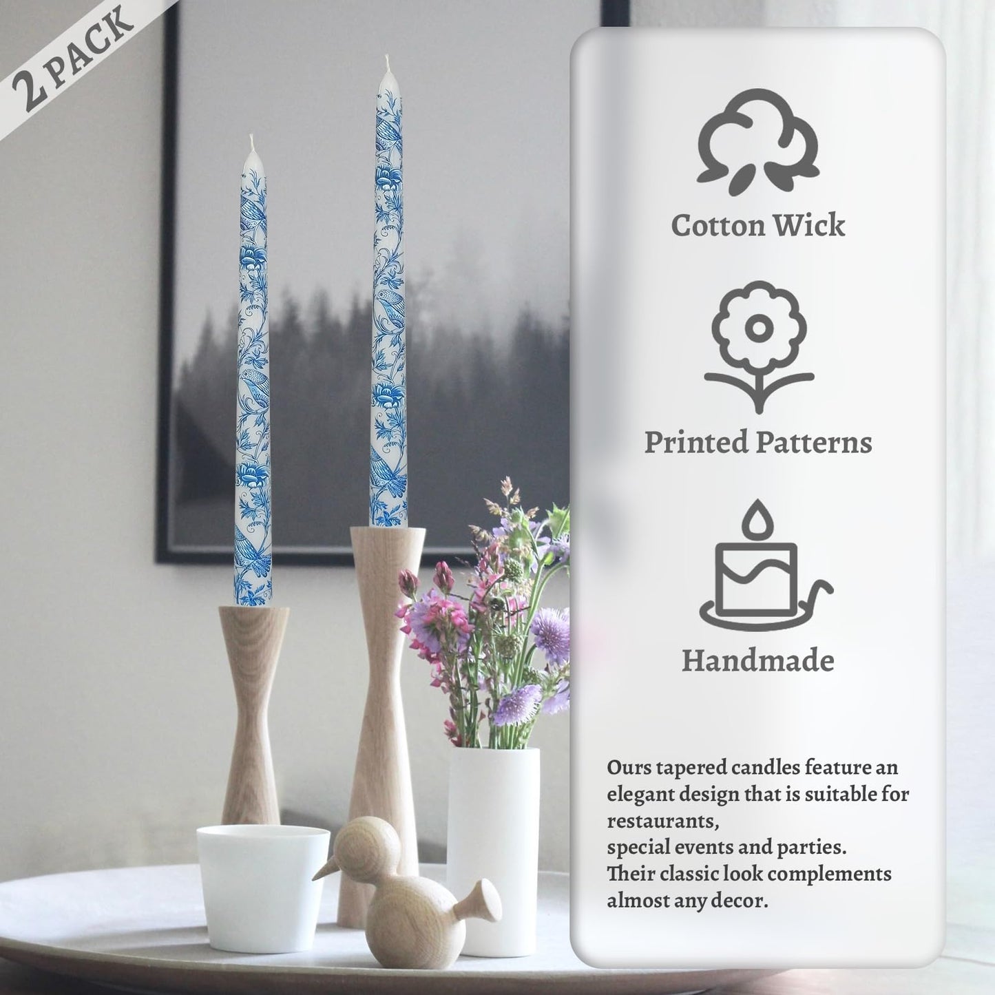 Floral Taper Candles 10 Inch Tall Unscented Handmade Blue and White Mandarin Duck Print Long Burning Elegant Candlesticks for Wedding Dinner Home Decor