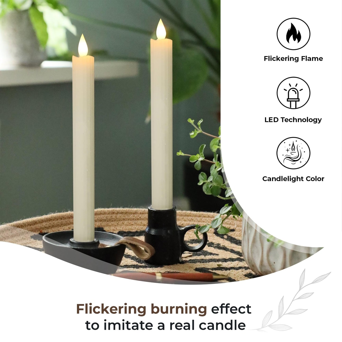 comforder Flameless Taper Candles – Flickering LED Flame with 6H Timer – Real Wax, Ribbed Design – Battery Operated Set of 2 – 10" Tall (Cream)