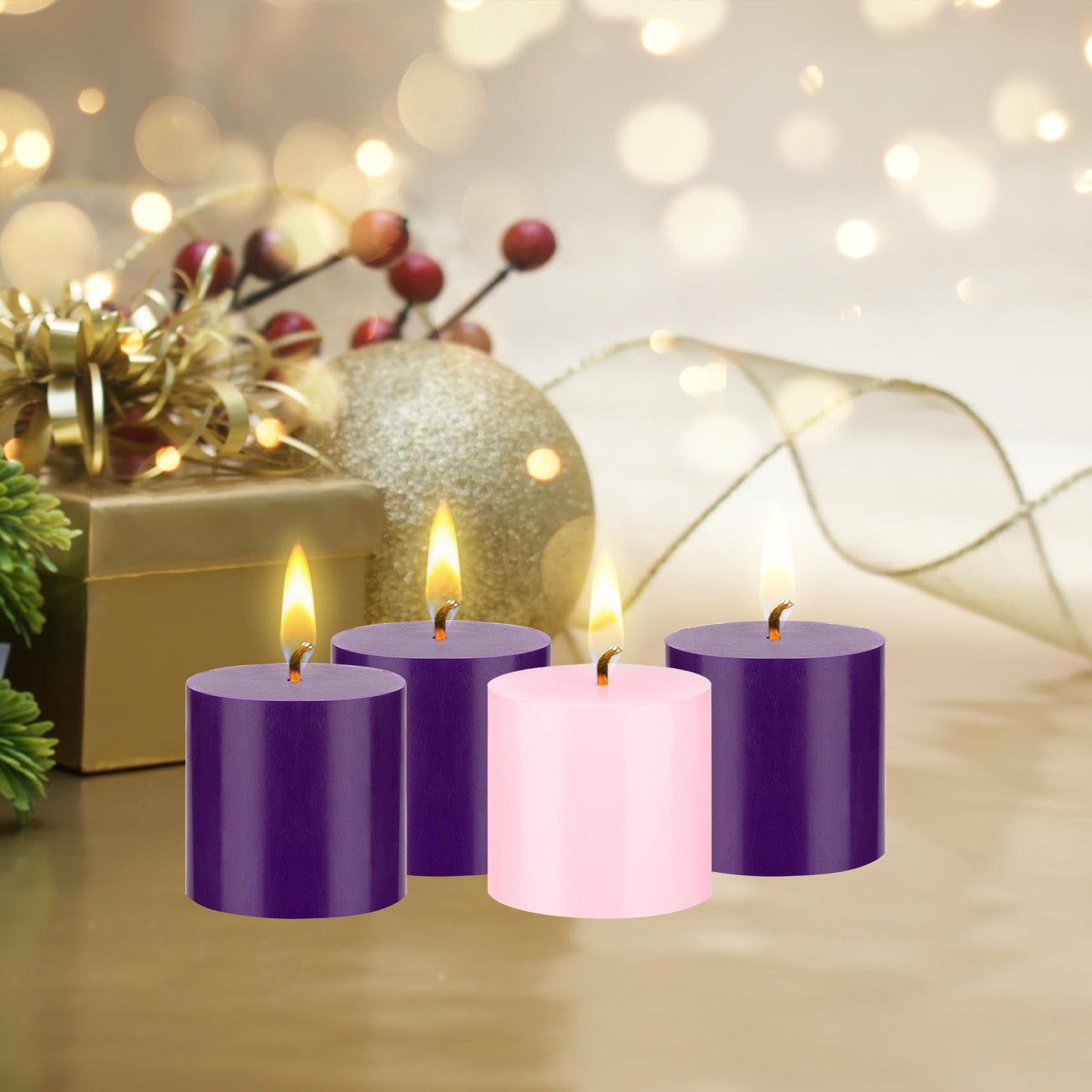 Mega Candles 4 pcs Unscented Christmas Advent Candles Set, Hand Poured Premium Wax Round Pillar Candle 3 Inch x 3 Inch, Holidays, Occasions, Events, Festivities, Devotional, Church, Wreath, Gifts