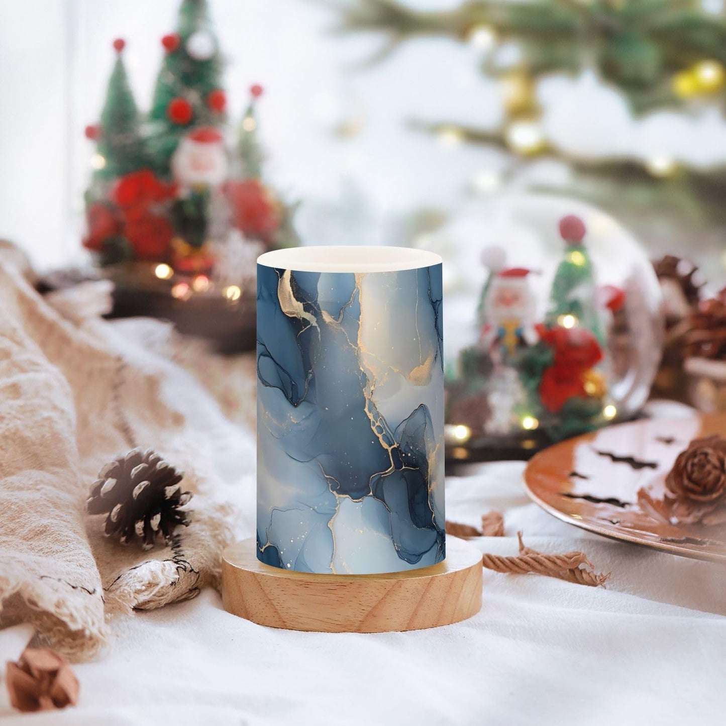 zyrtty 2 Pack Plastic Flameless Candles Abstract Gold Navy Blue Marble Pattern Battery Operated with Remote and Timer Real Wax LED Flickering Pillar Candles Set Window Christmas Holiday Decor