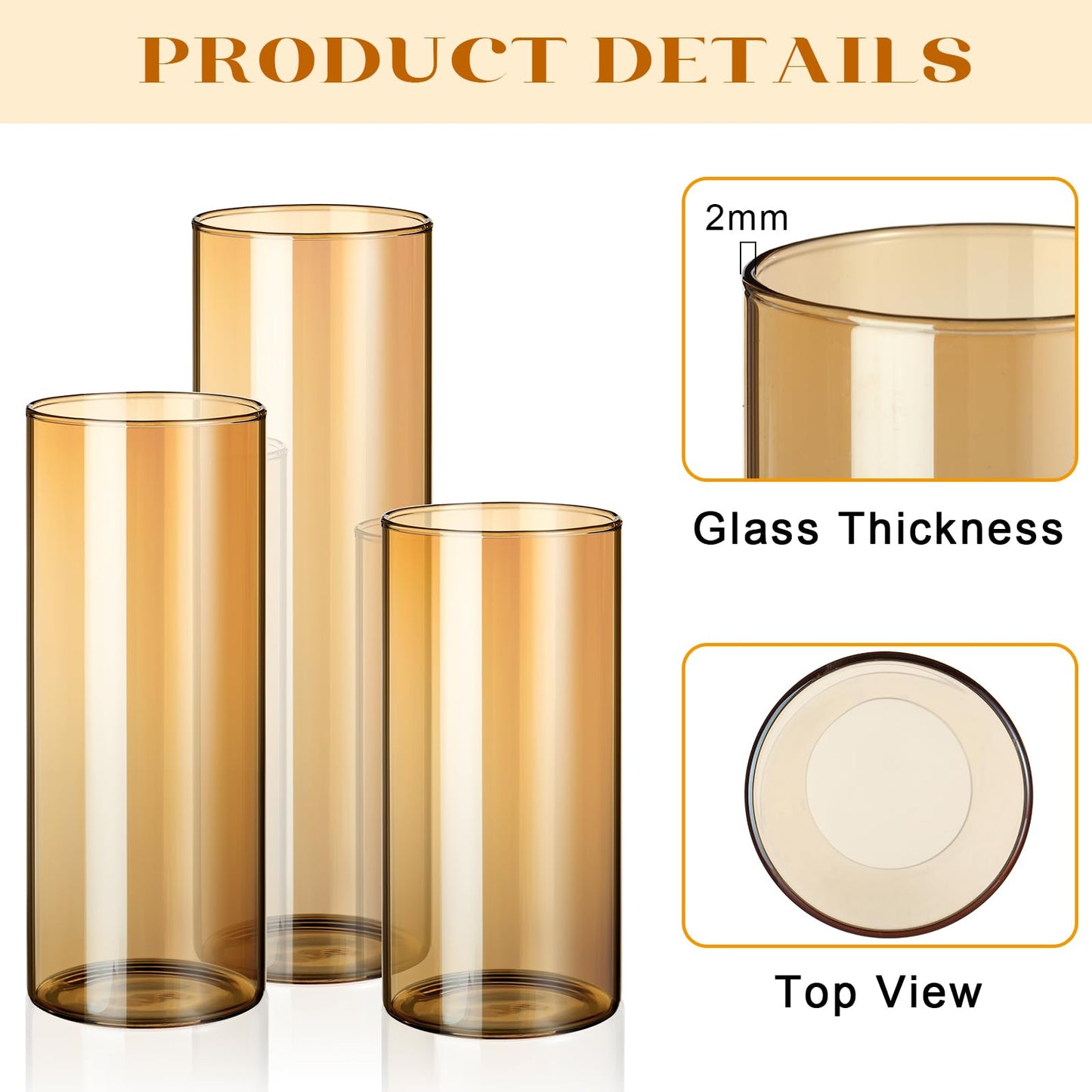 Shihanee 36 Pcs Pillar Candles and Glass Cylinder Vases Tall Cylinder Holders for Pillar Candles Wedding Centerpieces, Total 18 Sets(2.6'' X 4.7'', 5.9'', 7.9'',Amble,Ivory)
