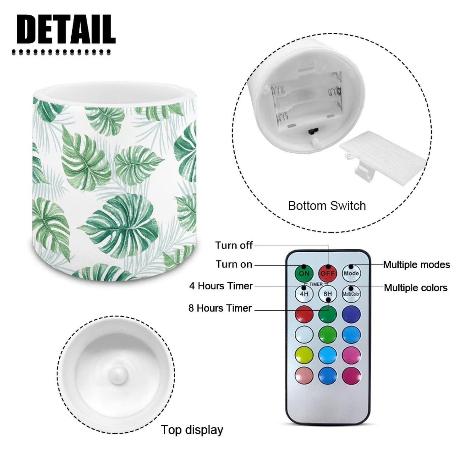 NETILGEN 3 inch Realistic Flickering Flameless Candles with Timer Remote Control 4 Packs LED Battery Powered Candles for Home Decoration Tropical Palm Leaf Print