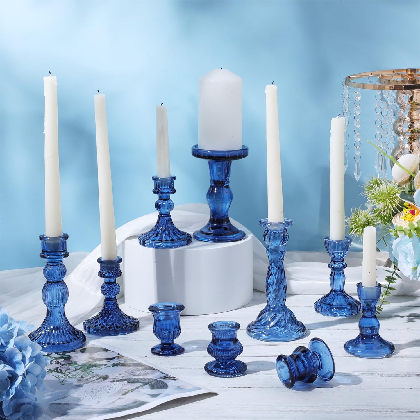 Mumufy 10 Pcs Glass Crystal Taper Candle Holders Clear Glass Candlestick Holder Fit 0.8 Inch Candles Crystal Decorative Candle Stand Centerpiece Table Wedding Dining Party (Classic,Blue)