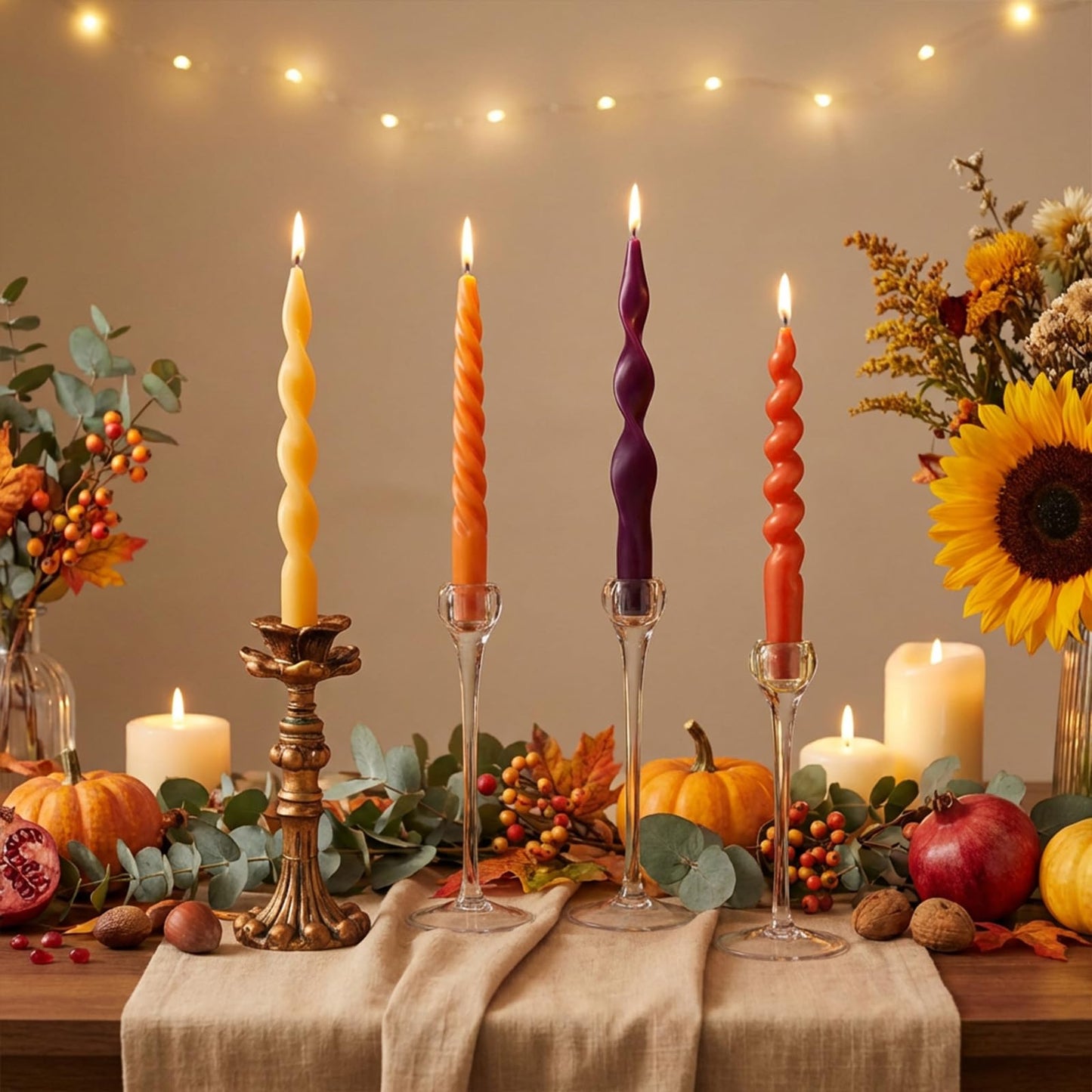 AnyDesign 4Pcs Fall Twisted Taper Candles Autumn Orange Red Yellow Wax Long Unscented Spiral Swirl Candlesticks for Thanksgiving Holiday Dinner Party Home Decor