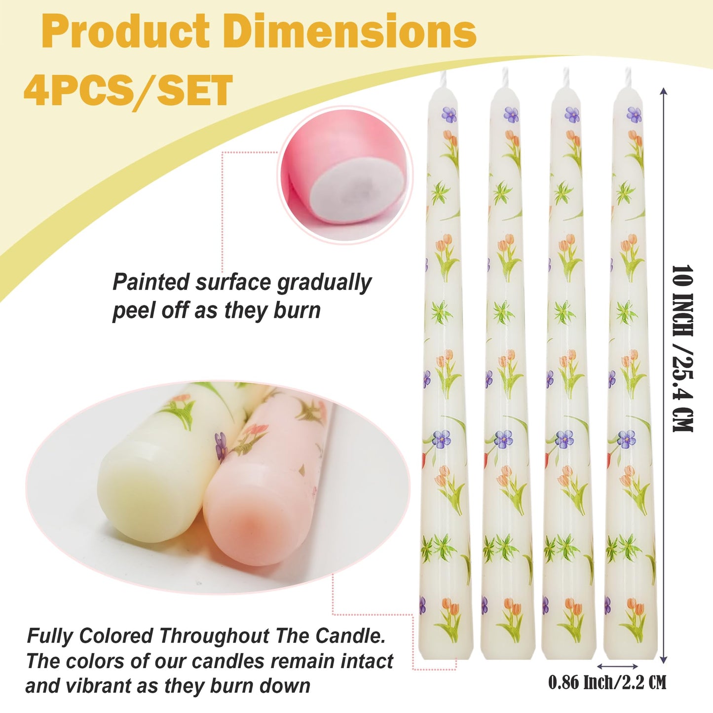 W&LESVAGO 4 Pcs Tulips Print Taper Candles, 10 Inch Ivory Dripless Long Candles Set for Wedding Anniversary Home Decoration Dinner Party (Tulips)