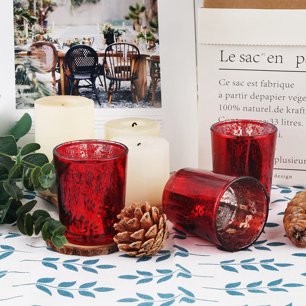 BTGLLAS 24pcs Red Glass Tea Light Holders - Votive Candle Holders Bulk for Weddings Events - Glass Votives for Wedding Centerpieces, Christmas, Thanksgiving - Candle Accessories Decor (24, Red)