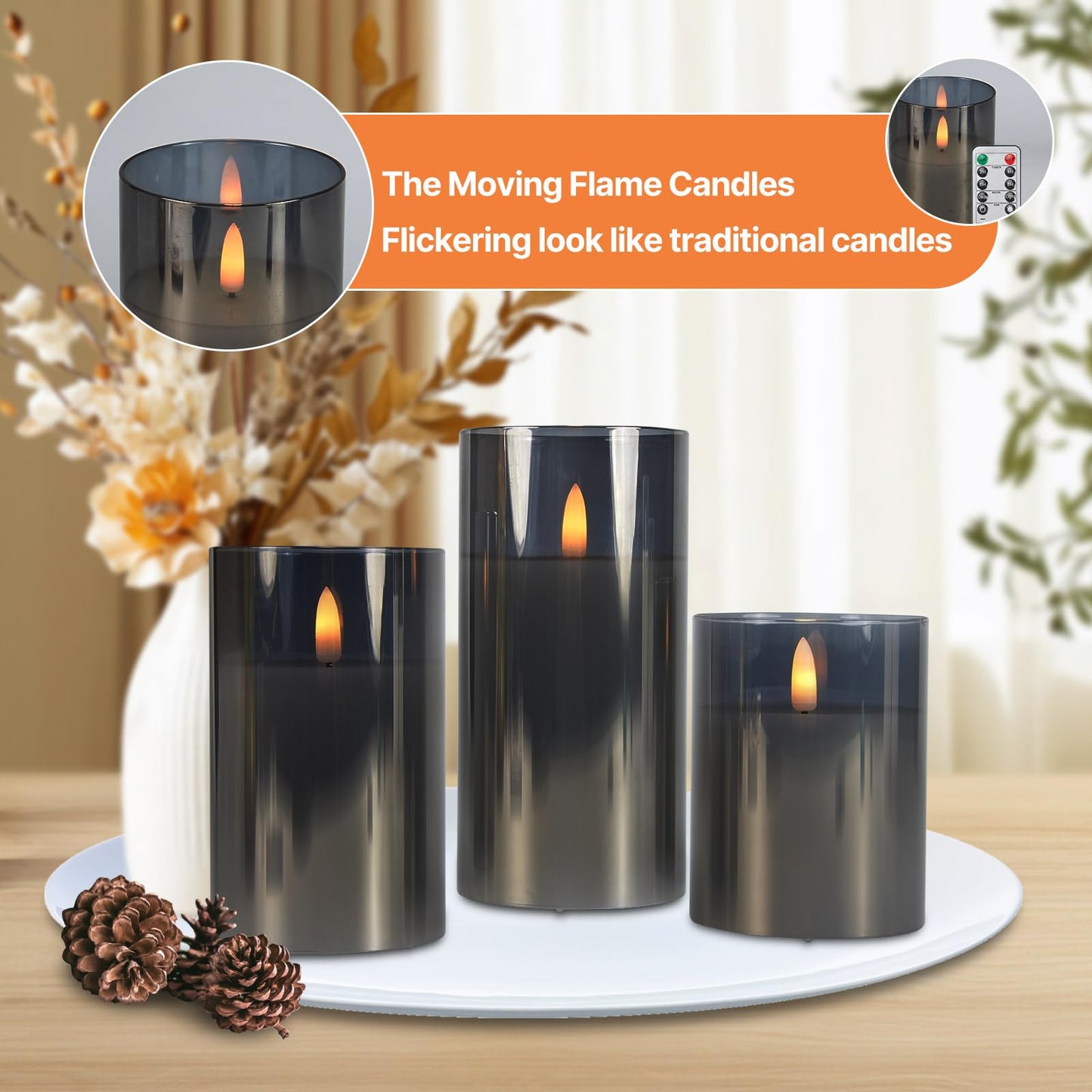 Tzgckui Smoky Gray Glass Flickering Flameless LED Candles with 10-Key Remote and Timer,4", 5", 6" x 3" Pillar Battery Operated Candles for Home Decoration(Set of 3)