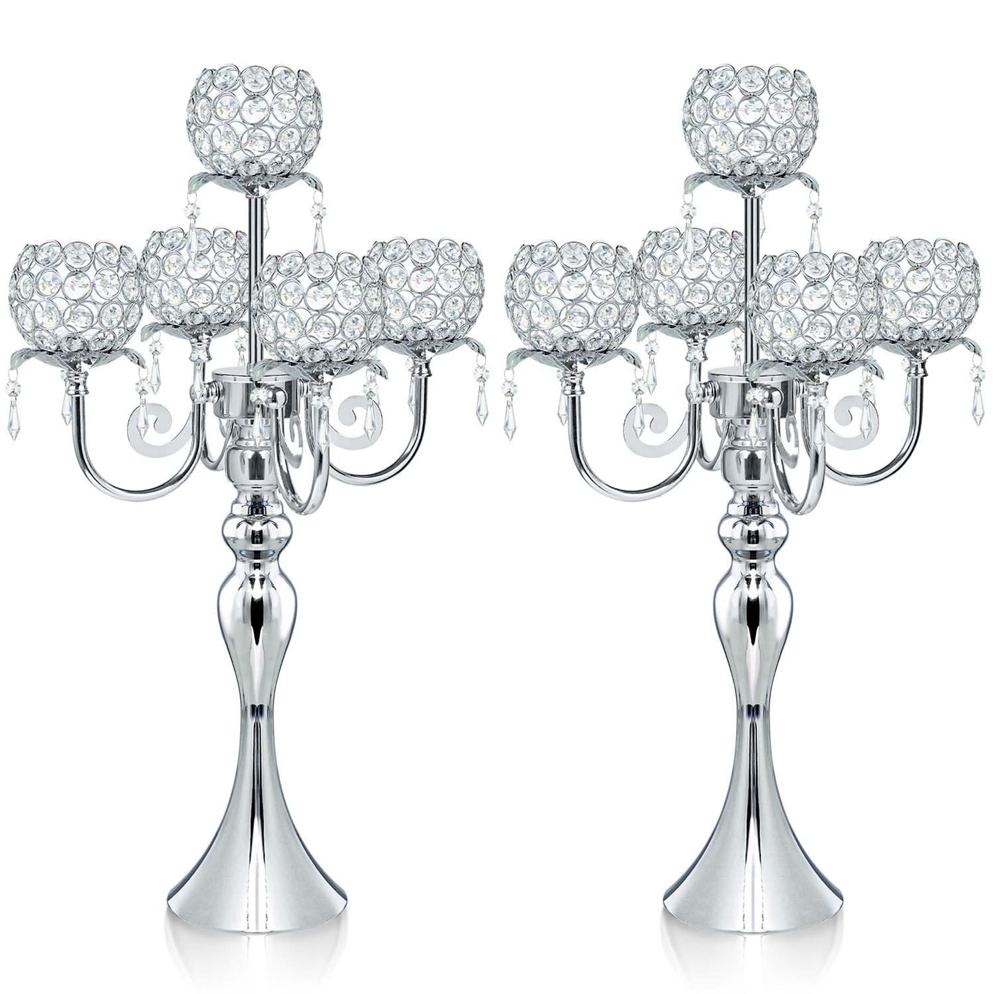 5 Arm Crystal Strap Pendant Silver Table Decor Candelabra Set of 2, 22.5 inches Elegant Dining Room Centerpieces for Holiday Parties Weddings