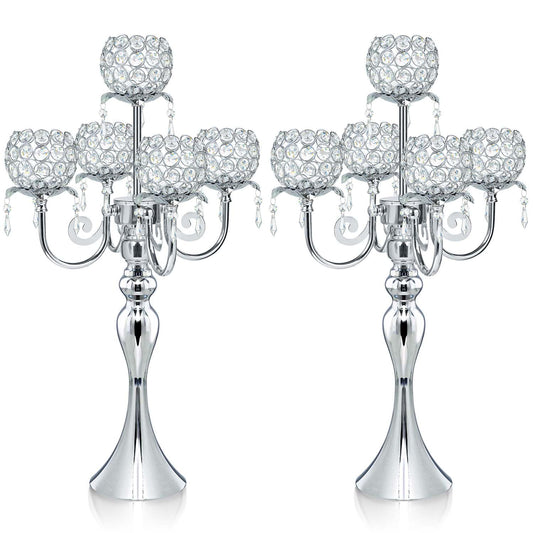 5 Arm Crystal Strap Pendant Silver Table Decor Candelabra Set of 2, 22.5 inches Elegant Dining Room Centerpieces for Holiday Parties Weddings