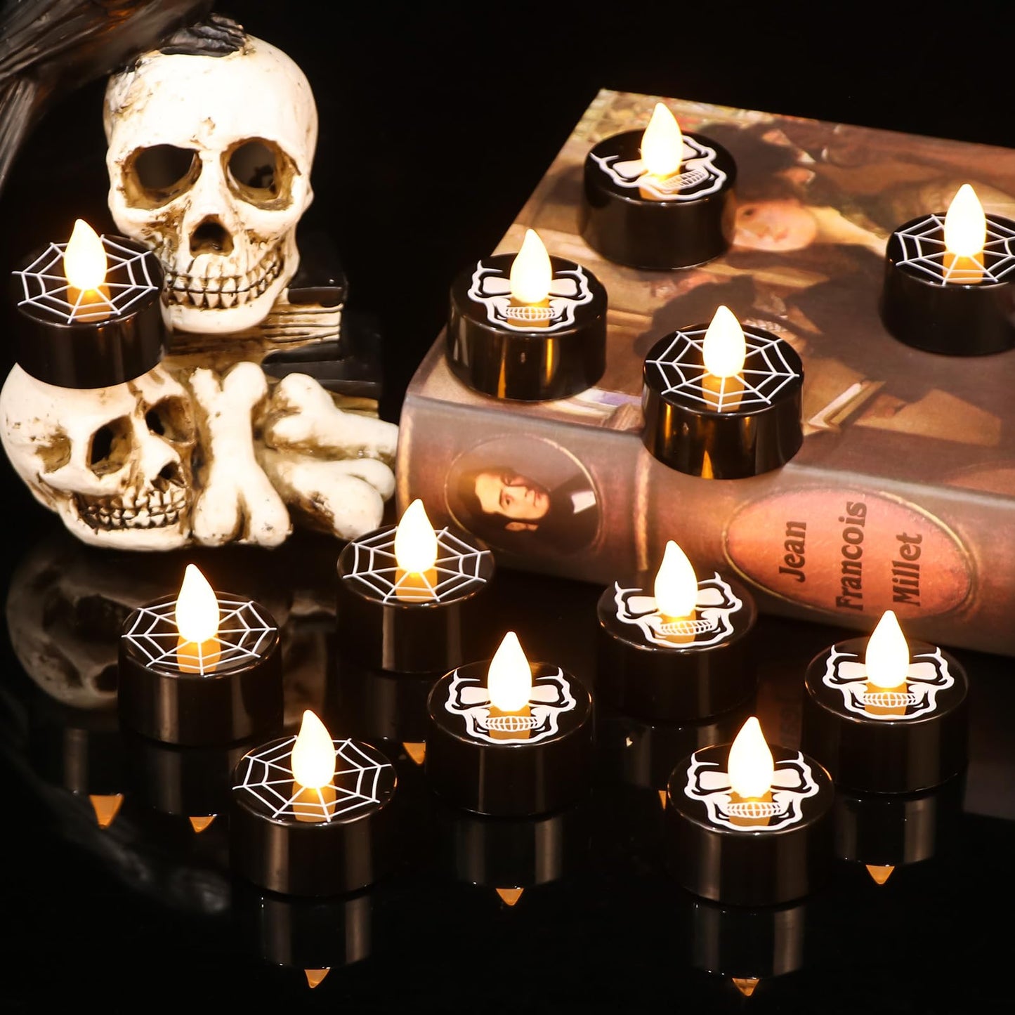 GenSwin Halloween Black Tealights Candles, Battery Operated Tea Lights Candles with Timer, 12 Pack Flameless Candles with 3D Wick, LED Votive Candles with Skull and Spiderweb Prints for Home Decor