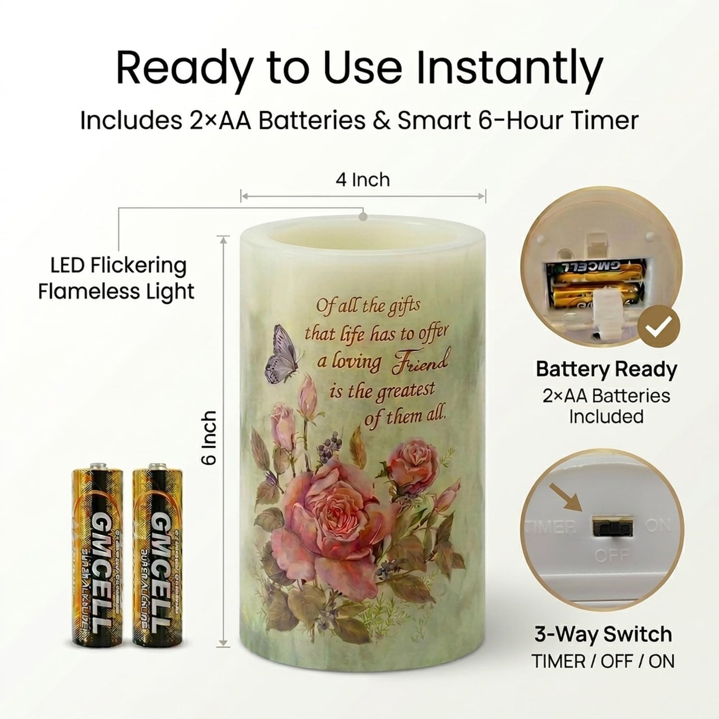 Real Wax Flameless Candle 4x6,Butterfly Rose Flickering LED Pillar Candle with Timer, Battery Operated, Romantic Floral Decor, Wedding & Valentine Centerpiece, Anniversary Decor for Wife or Girlfriend