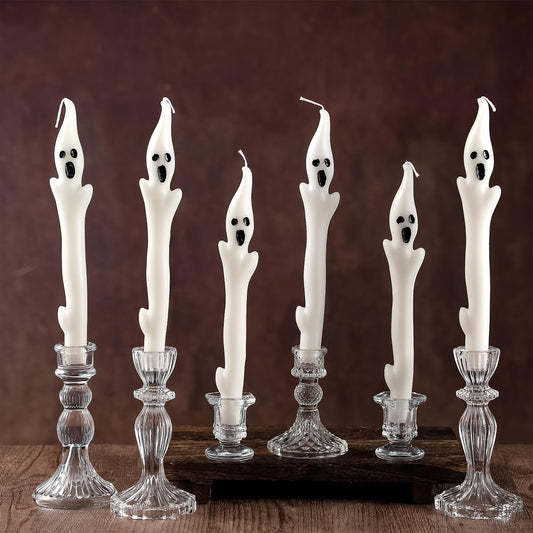 Conelist 6 Pack 10" Halloween Unscented Ghost Shaped Taper Candles Spooky Ghost Halloween Dinner Candles Home Table Decoration for Thanksgiving Autumn Festive Party Gift