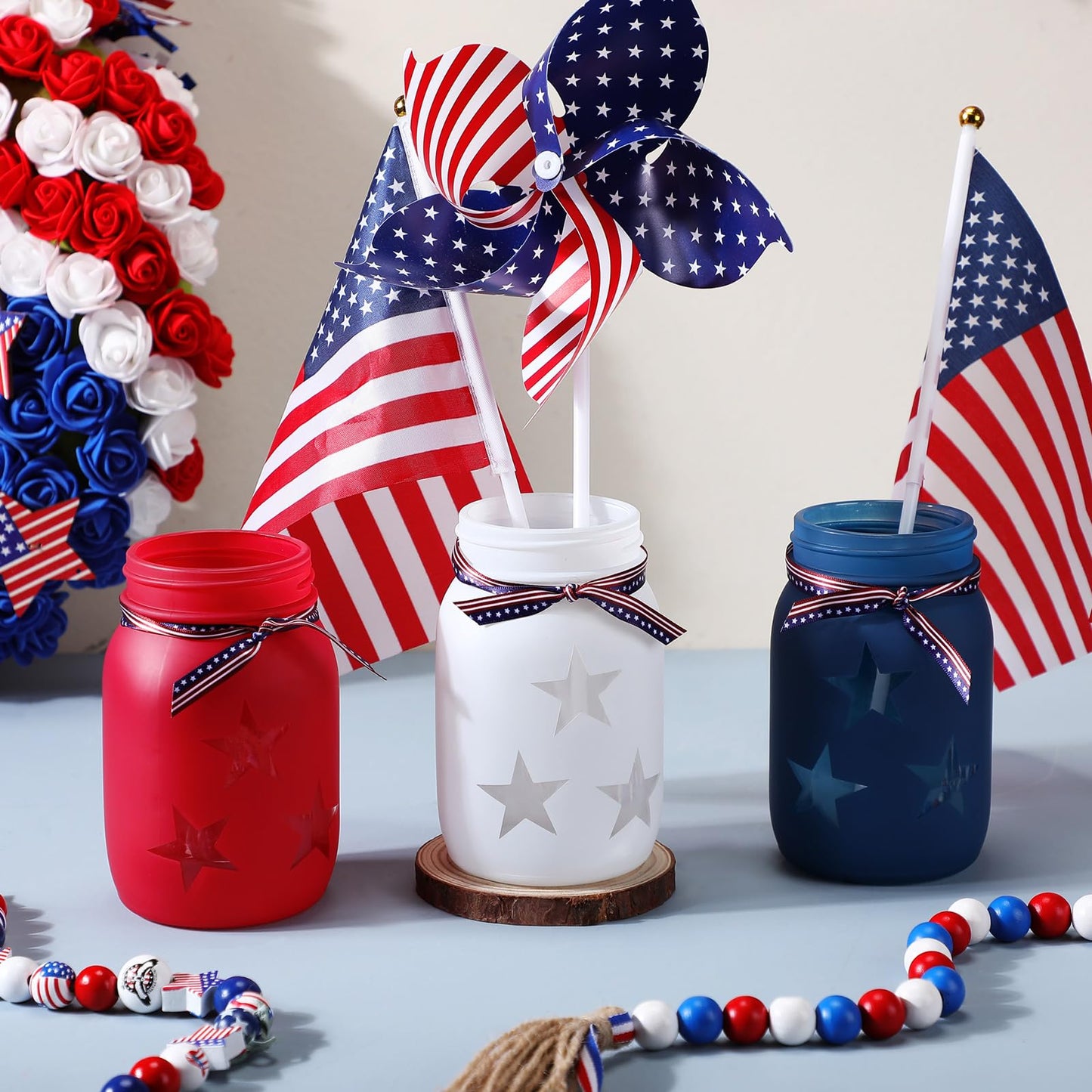 Domensi 4th of July Patriotic Table Decoration Set Rustic Mason Jar Tea Light Candle Holders with String Lights for Independence Day Centerpiece Transparent Mason Jars Labor Day Supplies