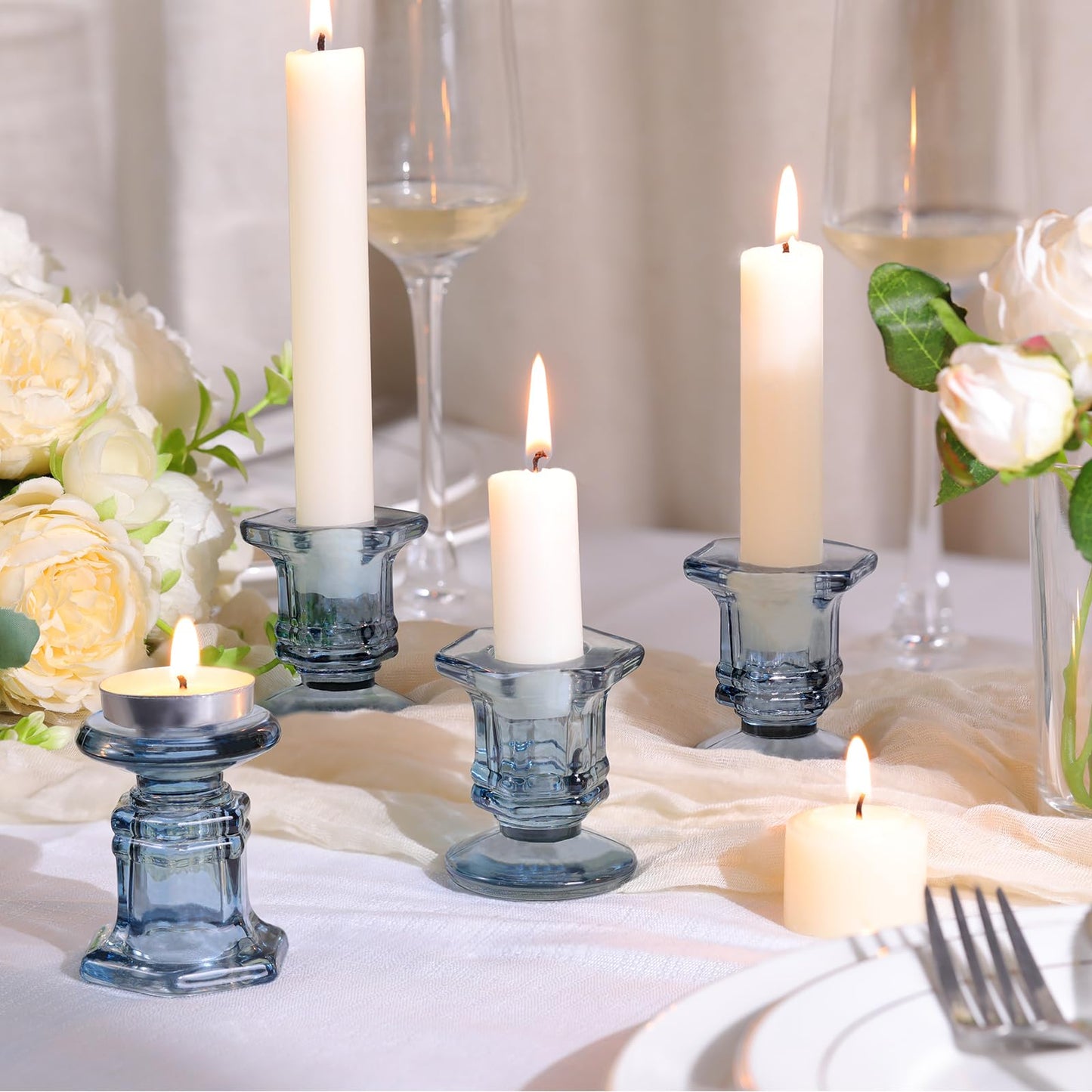 Lanttu 12 Pcs Blue Candlestick Holders Bulk, Glass Candle Holders Set,Crystal Taper Candle Holder for Wedding, Table Centerpiece, Home Decoration