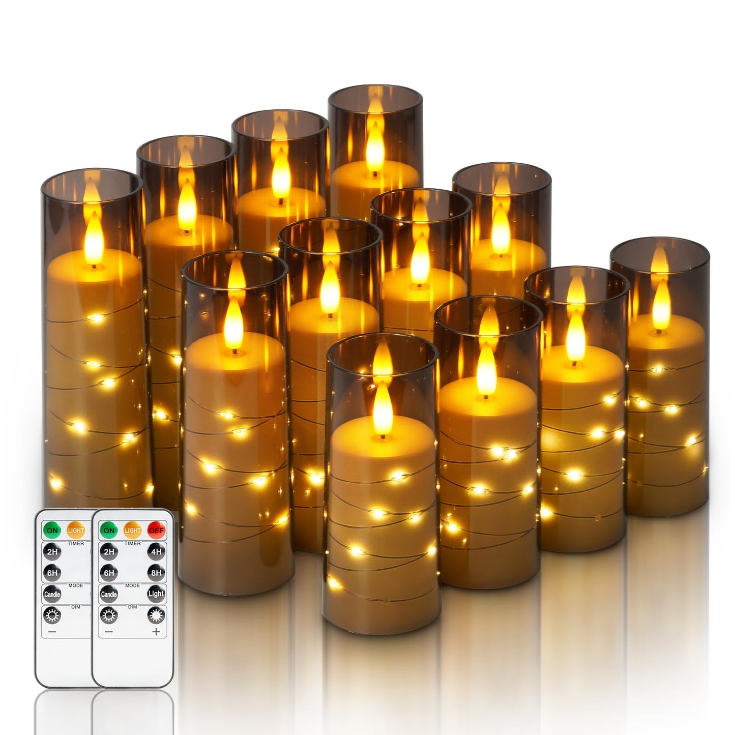 Homemory 12Pcs Flameless Candles with Star String Fairy Lights, Flickering Battery Operated Candles, LED Fake Candles with Remote and Timer, Halloween, Weddings, Home Decor, Grey