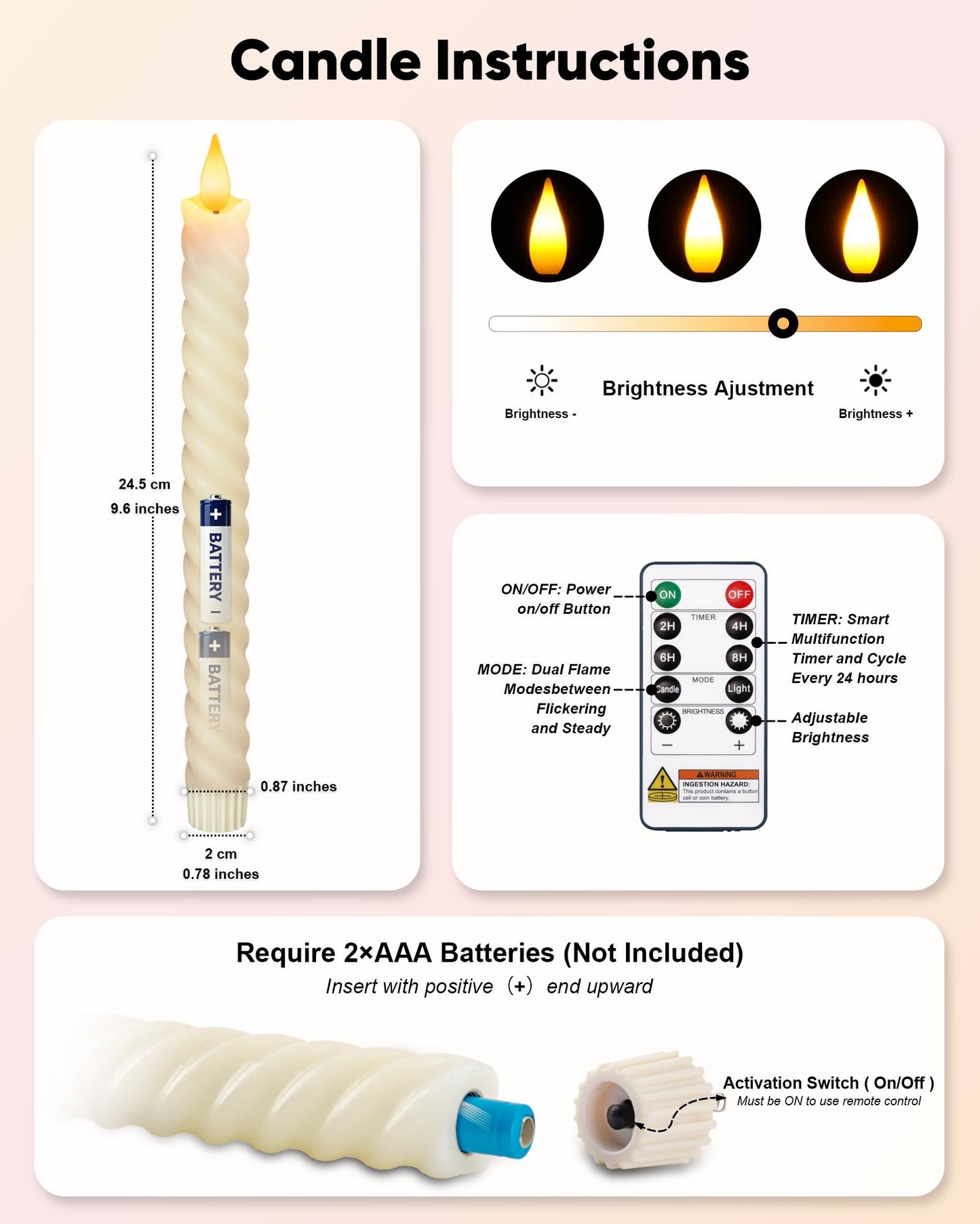 Meigic Flameless Candlesticks with Remote Control and Timer, Real Wax Battery Operated LED Taper Candles with Flickering Flame, 9.6 Inch Twisted Fake Candle Sticks for Home, Wedding, Christmas Decor