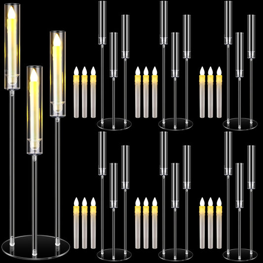 Tandefio 6 Sets 3 Arm Acrylic Candelabra Centerpieces for Wedding Tables 30inch Tall Clear Candle Holder Centerpieces with 18 LED Candles and Shade for Ceremony Birthday Anniversary Party Home Decor