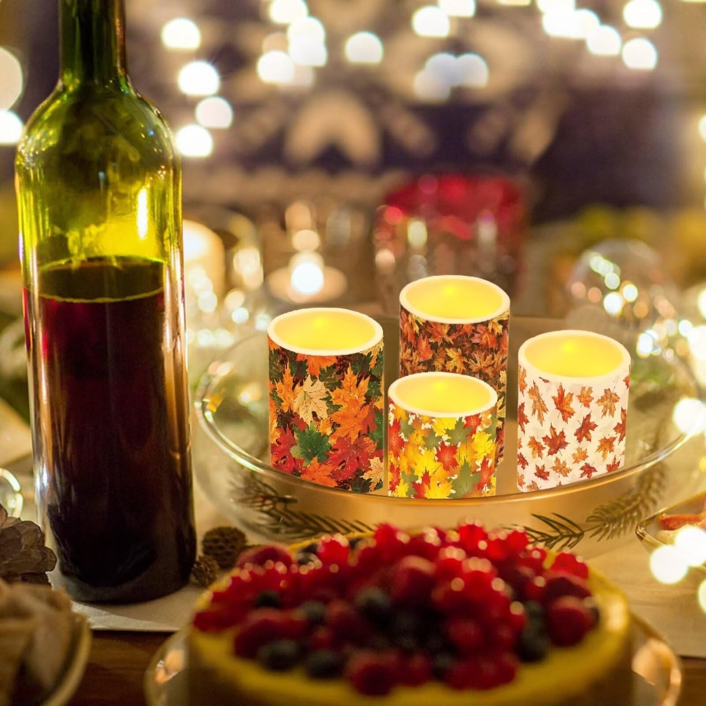 NETILGEN Autumn Maple Leaf Print Flameless Electric Candles Lamps with Remote Timer Control Long Lasting LED Candles for Thanksgiving Day Party Decoration Pack of 4