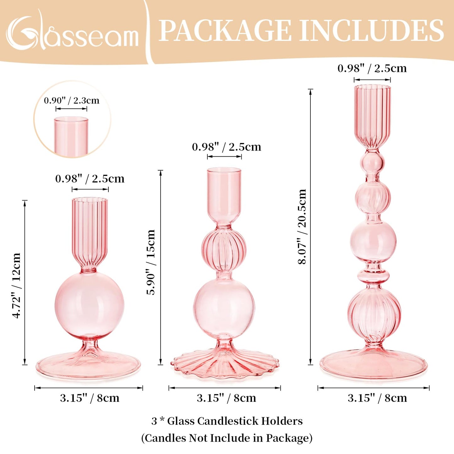 Glasseam Pink Glass Candlestick Holder: Unique Candle Holders Set of 3 Modern Taper Candle Holder Decorative for Table Centerpiece Party Christmas Home Wedding Decoration