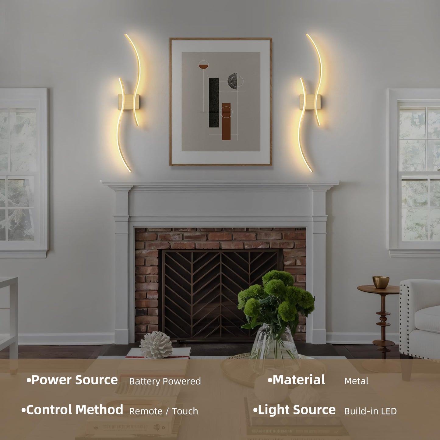 GLOTHOR Battery Operated Wall Sconce Set of 2, Dimmable Modern LED Rechargeable Wall Light with Remote Control, Wall Decor for Living Room, Hallway, Quick Install, No Electrician Required