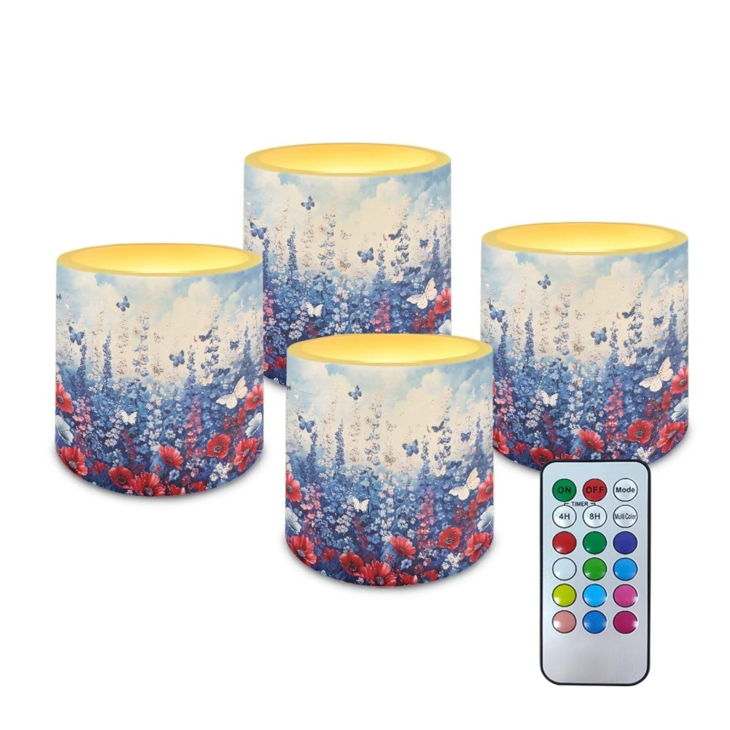 Poceacles 4 PCS LED Flameless Candles Multi-Color Flickering Realistic Battery Powered No Flame Candles with Remote and Timer, Simulated Wick Flame Tealights, Floral Blue Butterfly