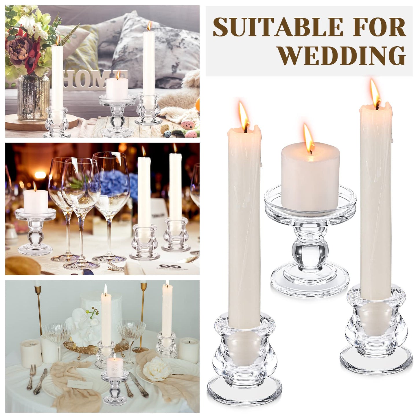 Rtteri Unity Candle Holder for Wedding Set of 3 Glass Candlestick Holder for Taper and Pillar Candle 3.5'' 2.2'' Wedding Ceremony Dinning Table Centerpiece Home Party Birthday Church Decor(Clear)