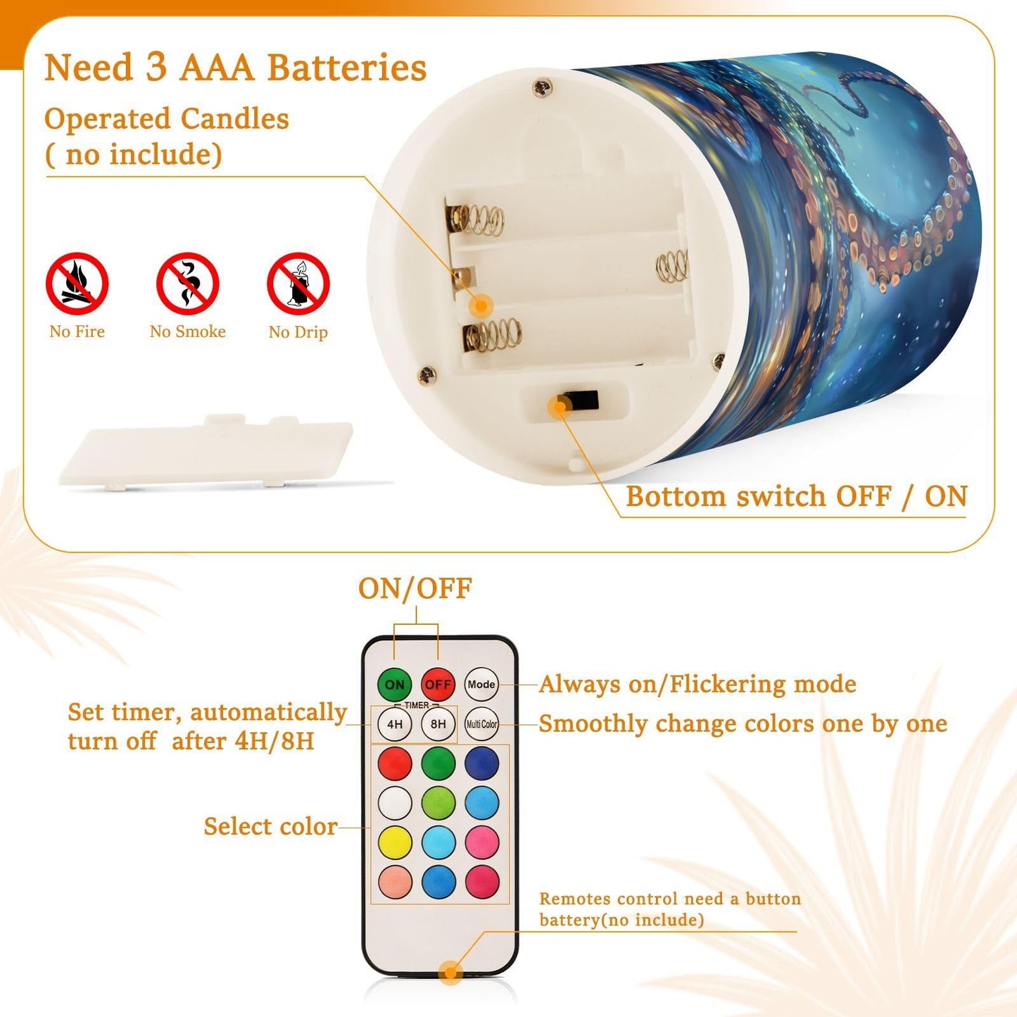 ALAZA Octopus Flameless Candles, LED Pillar Candles with Remote Timer, Battery Operated Candles Set of 2