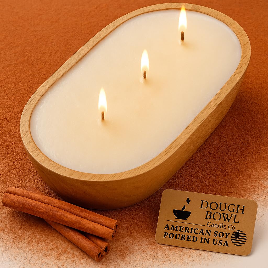 Dough Bowl Candle Co. Warm Cinnamon Buns Soy Candle - 3 Wick Rustic Farmhouse Coffee Table Decor, Odor Eliminator in Wooden Bowls, 20 Oz Wooden Dough Bowl Candle, All-Natural Gifts for Women and Men