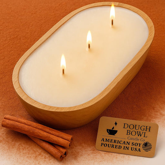 Dough Bowl Candle Co. Warm Cinnamon Buns Soy Candle - 3 Wick Rustic Farmhouse Coffee Table Decor, Odor Eliminator in Wooden Bowls, 20 Oz Wooden Dough Bowl Candle, All-Natural Gifts for Women and Men