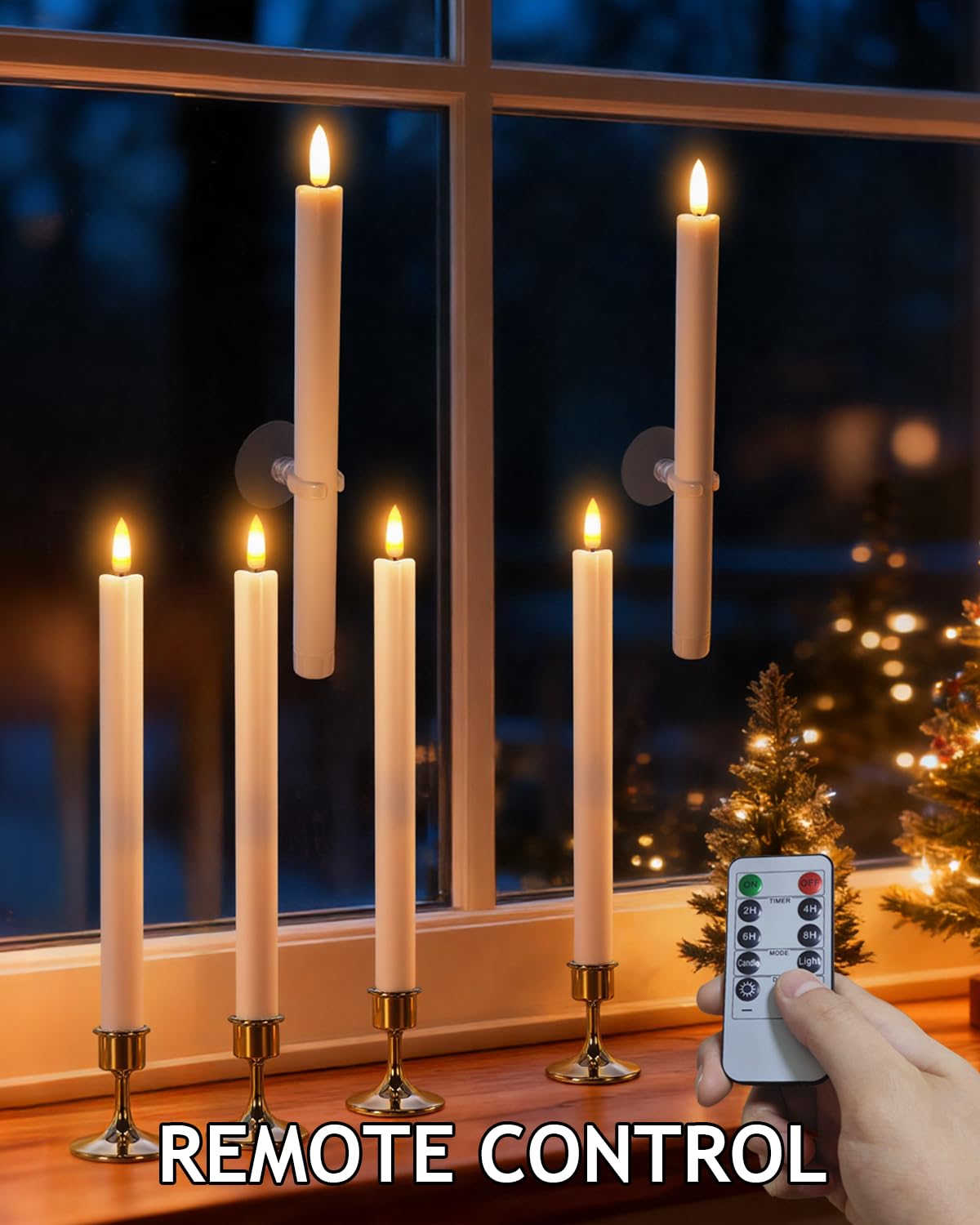 SUNGEGE Christmas Window Candles 6-Pack with Remote Timer (2/4/6/8H), Battery Operated Flameless LED for Windows, Includes Suction Cups, Bases & 2 Remotes – Holiday Decor