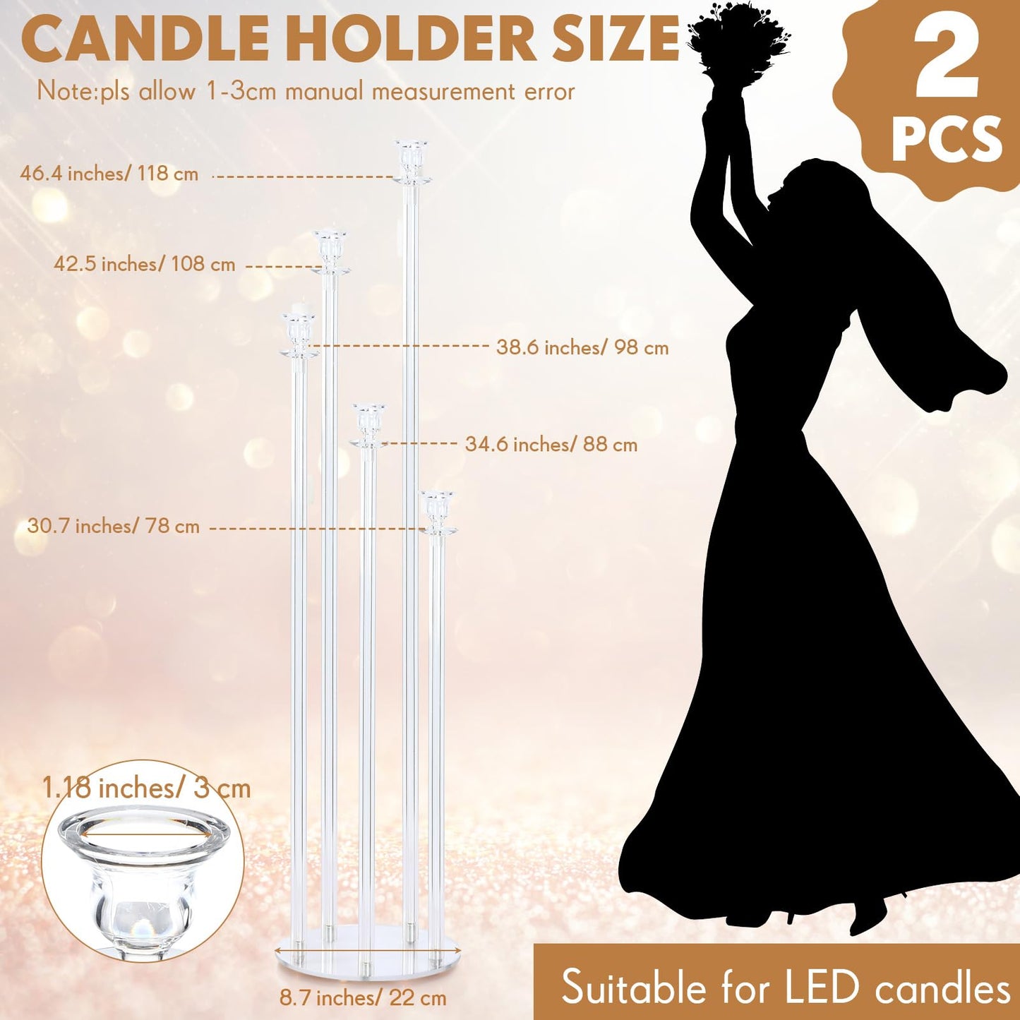 Vesici 2 Pcs 5 Arm 46.4 x 8.7 Inch Acrylic Candelabra Centerpieces for Wedding Table Clear Tall Candlesticks Holder Large Acrylic Candle Holder for Ceremony Floor Home Dinner Party, Fit 0.8 LED Candle