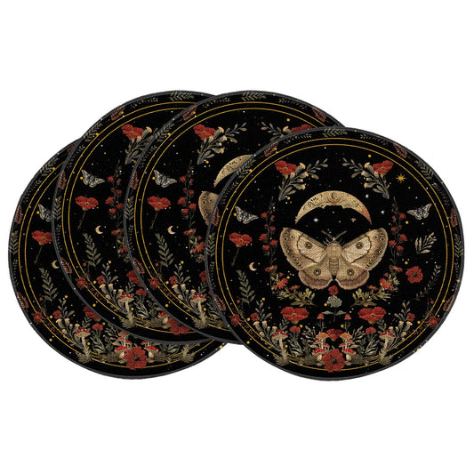 Artoid Mode Black Poppy Moth Moon Round Placemats Set of 4, 14 Inch Floral Spring Round Table Mats for Party Kitchen Dining Decoration