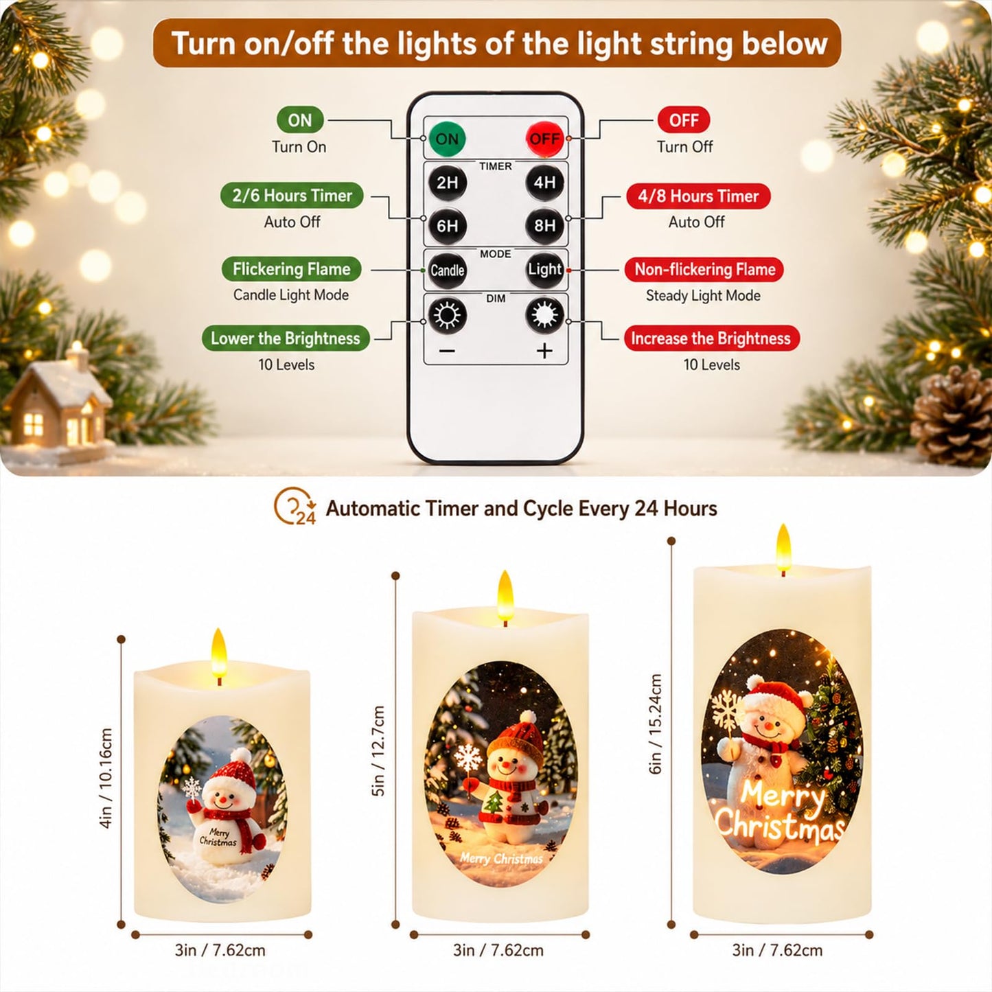 Tzgckui Flameless Candles, Battery Operated Led Flickering Flameless Candles 3 Pack for Christmas, White Cylindrical with Winter Scene, Remote Control & Timer, 4/5/6 Inch for Holiday Home Decor