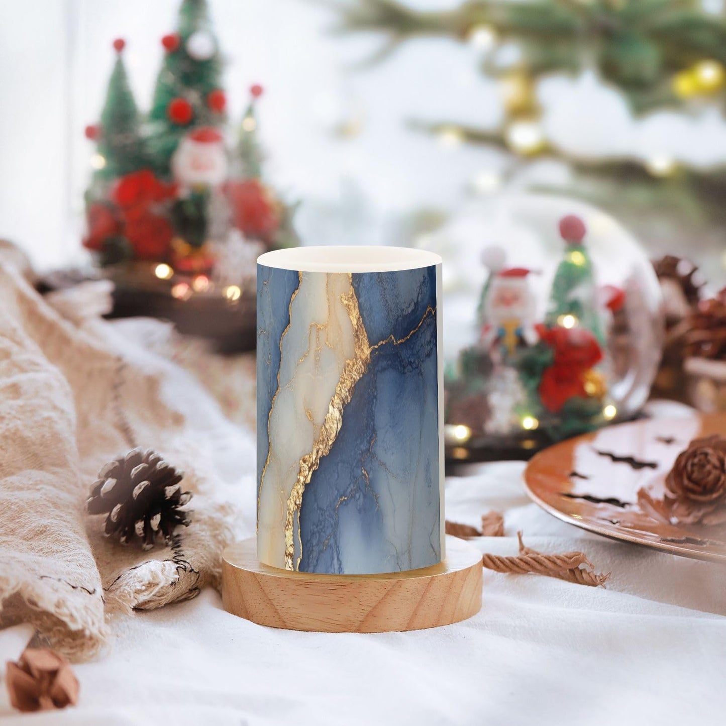 Flameless Pillar Candles Battery Operated Led Flameless Candles for Decorations Marble Navy Blue Beige