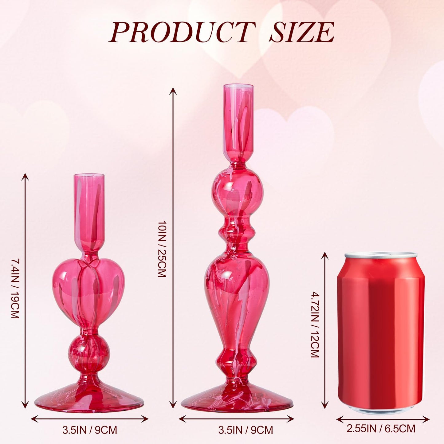DN DECONATION Pink Glass Candle Holders Set of 2 – Heart Taper Candle Holders for Valentine's Day, Candlestick Holder Wedding Decorations, Farmhouse Home Coffee Table Decor & Housewarming Gifts