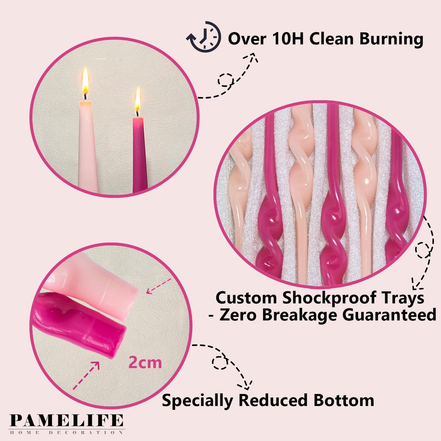 PAMELIFE Pink Twisted Spiral Taper Candles - 12pack Two Tone Candle 9.5 Inch Gloosy Dripless Tall Candlesticks for Home Decoration Holiday Wedding Party(Pink)