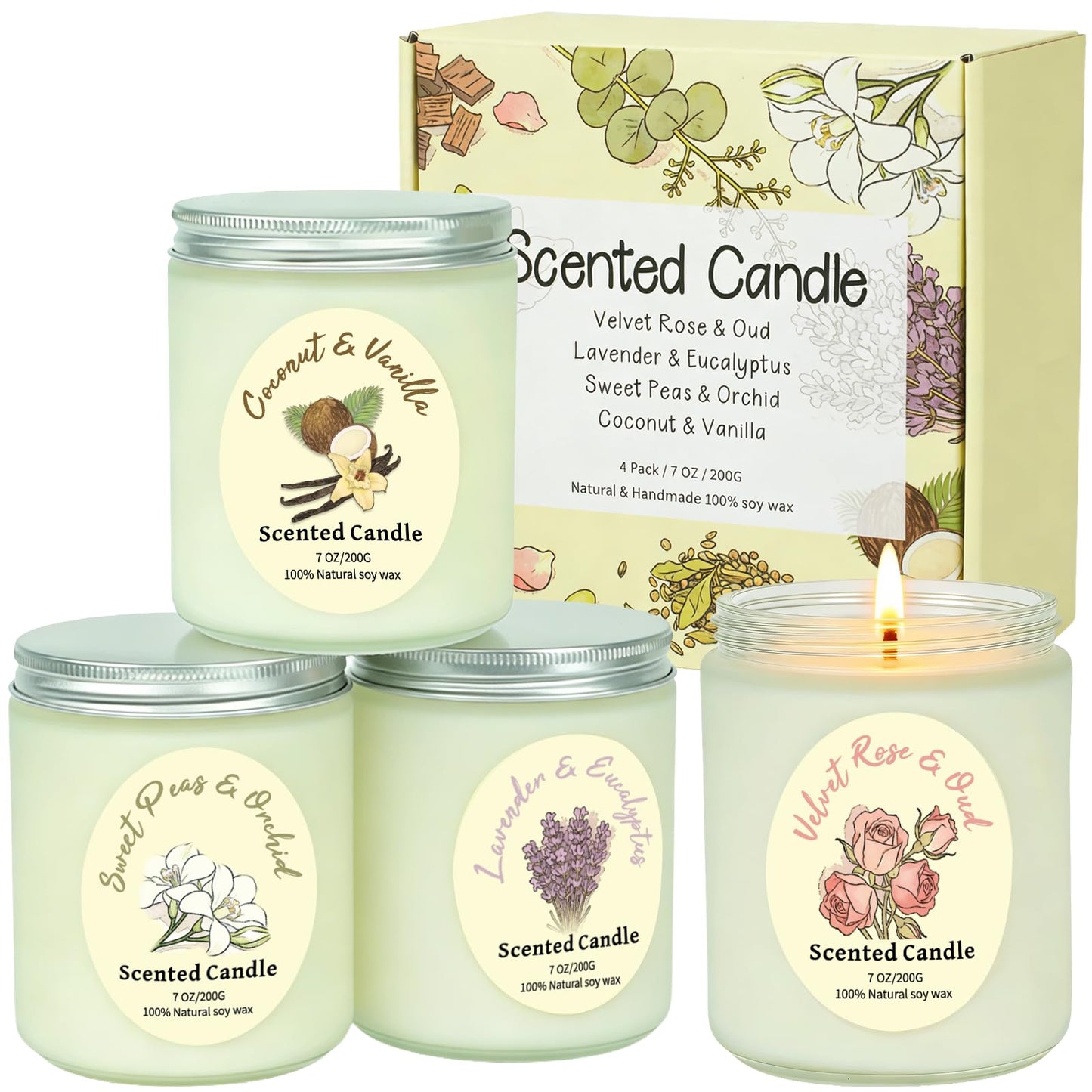 Scented Candles Gift Set 4 Pack, Soy Wax Aromatherapy Candles with Lavender Rose Coconut Vanilla, Long Lasting 200 Hours Burn, Non Toxic Home for Birthday Bath, Relaxation,Mothers Day, Gifts for Women