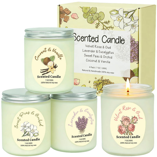 Scented Candles Gift Set 4 Pack, Soy Wax Aromatherapy Candles with Lavender Rose Coconut Vanilla, Long Lasting 200 Hours Burn, Non Toxic Home for Birthday Bath, Relaxation,Mothers Day, Gifts for Women