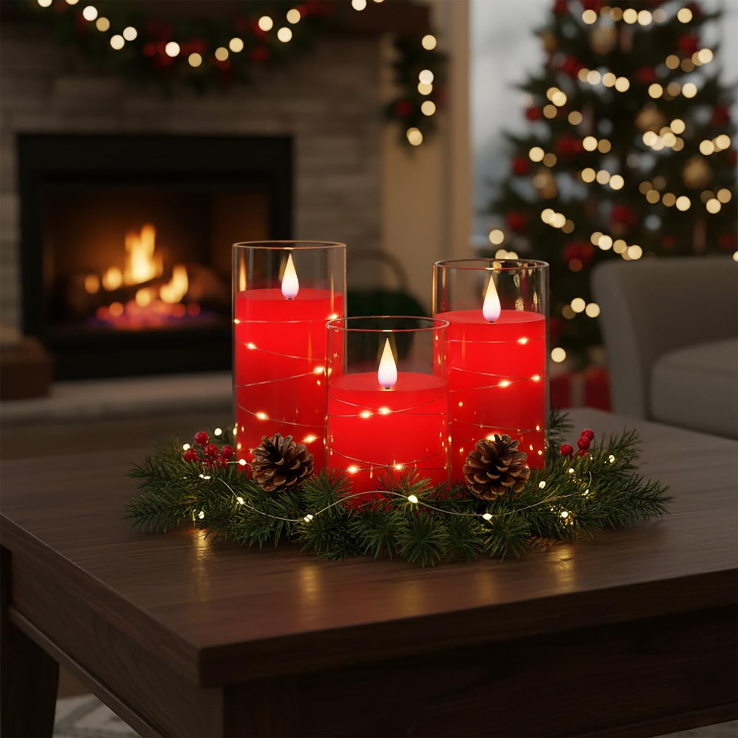 Homemory Flickering Flameless Candles with String Lights, Battery Operated Candles, Embedded String Lights LED Candles, Unbreakable Plexiglass Candle with Remote, Set of 3, Red