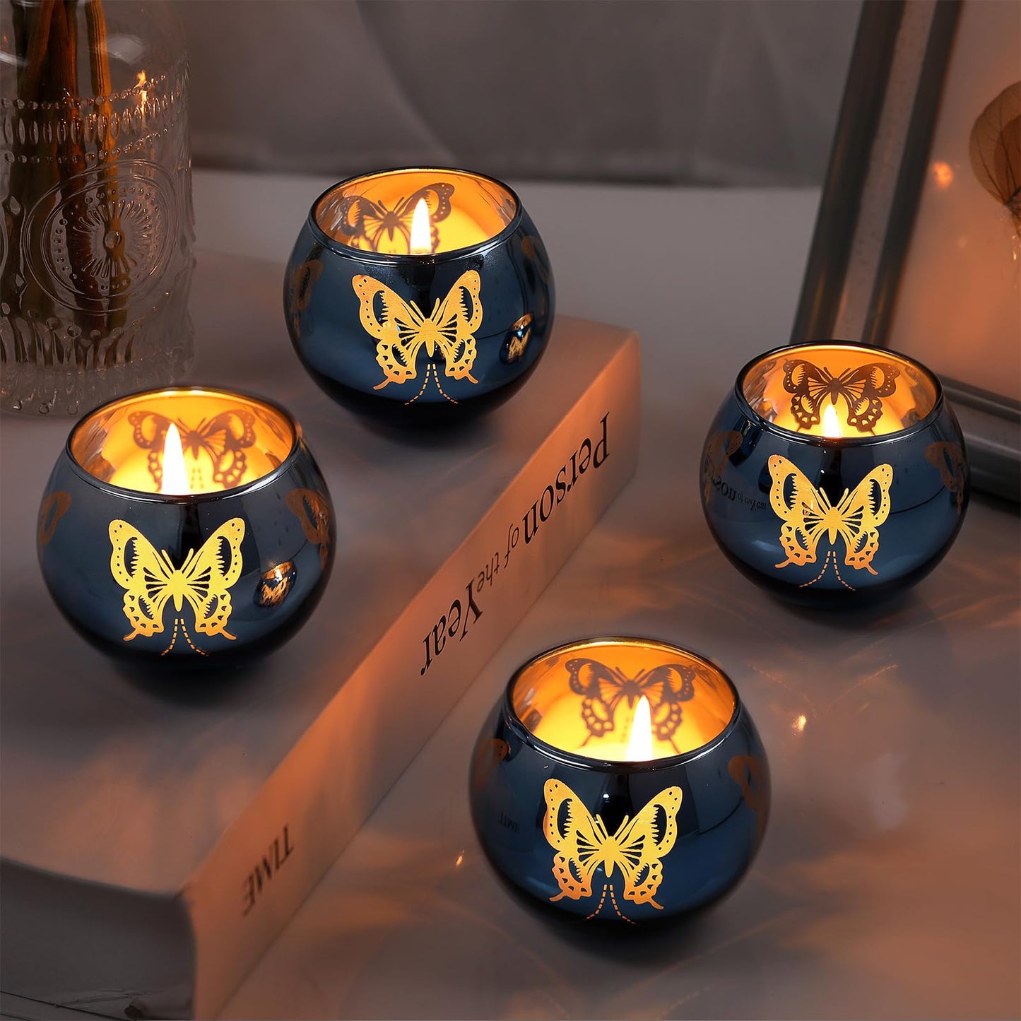 Blue Votive Candle Holders Set, 12 PCS Tea Lights Candle Holder Decorative Bulk with Butterfly Pattern, Candle Holders for Wedding, Blue Bridal Shower, Parties, and Holiday Decorations