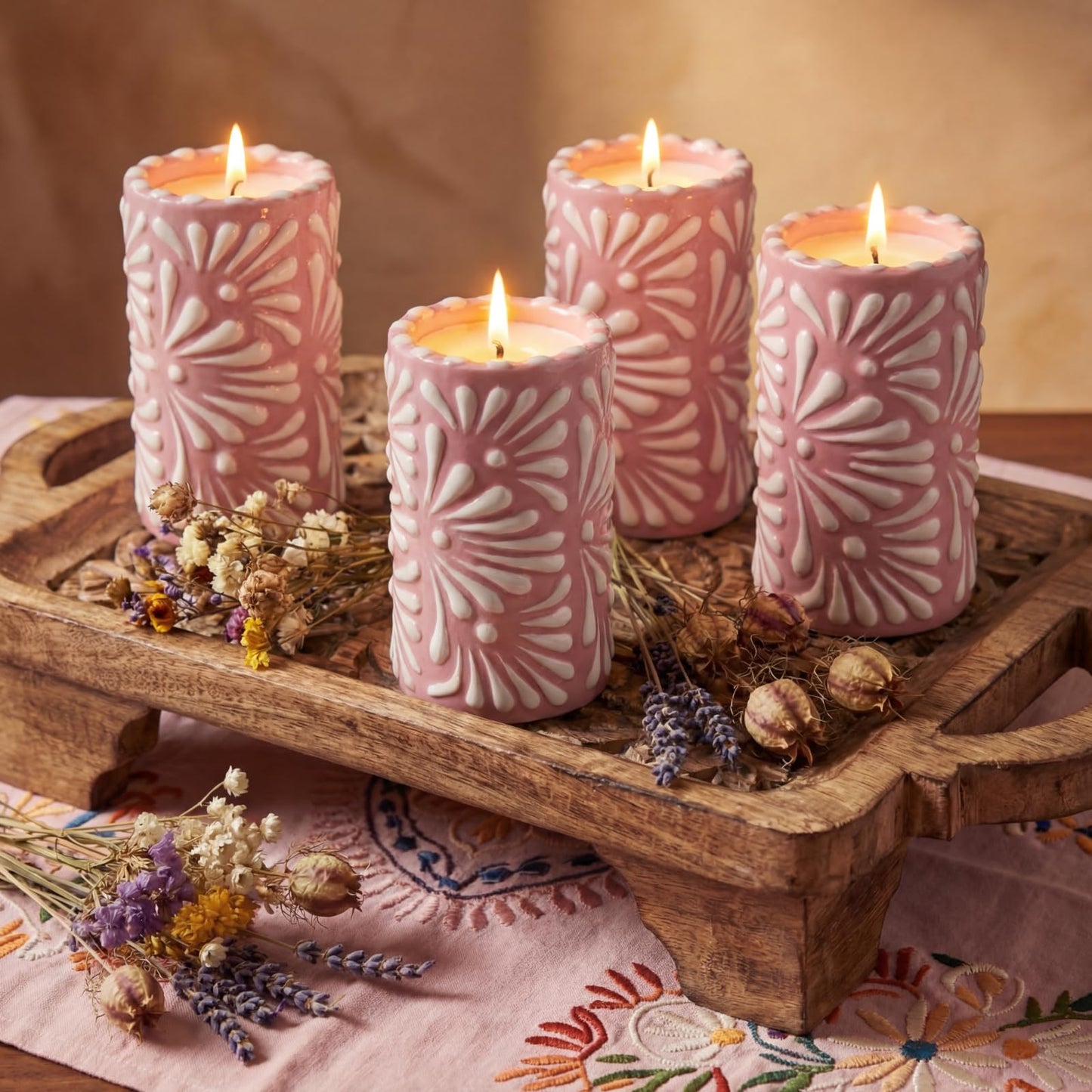 Lounsweer 4 Set Cielito Lindo Party Decorations Mexican Tequila Candle Talavera Mugs Candle for Fiesta Cinco De Mayo Birthday Bridal Shower Bachelorette May 5th Party Home Decor(Pink)