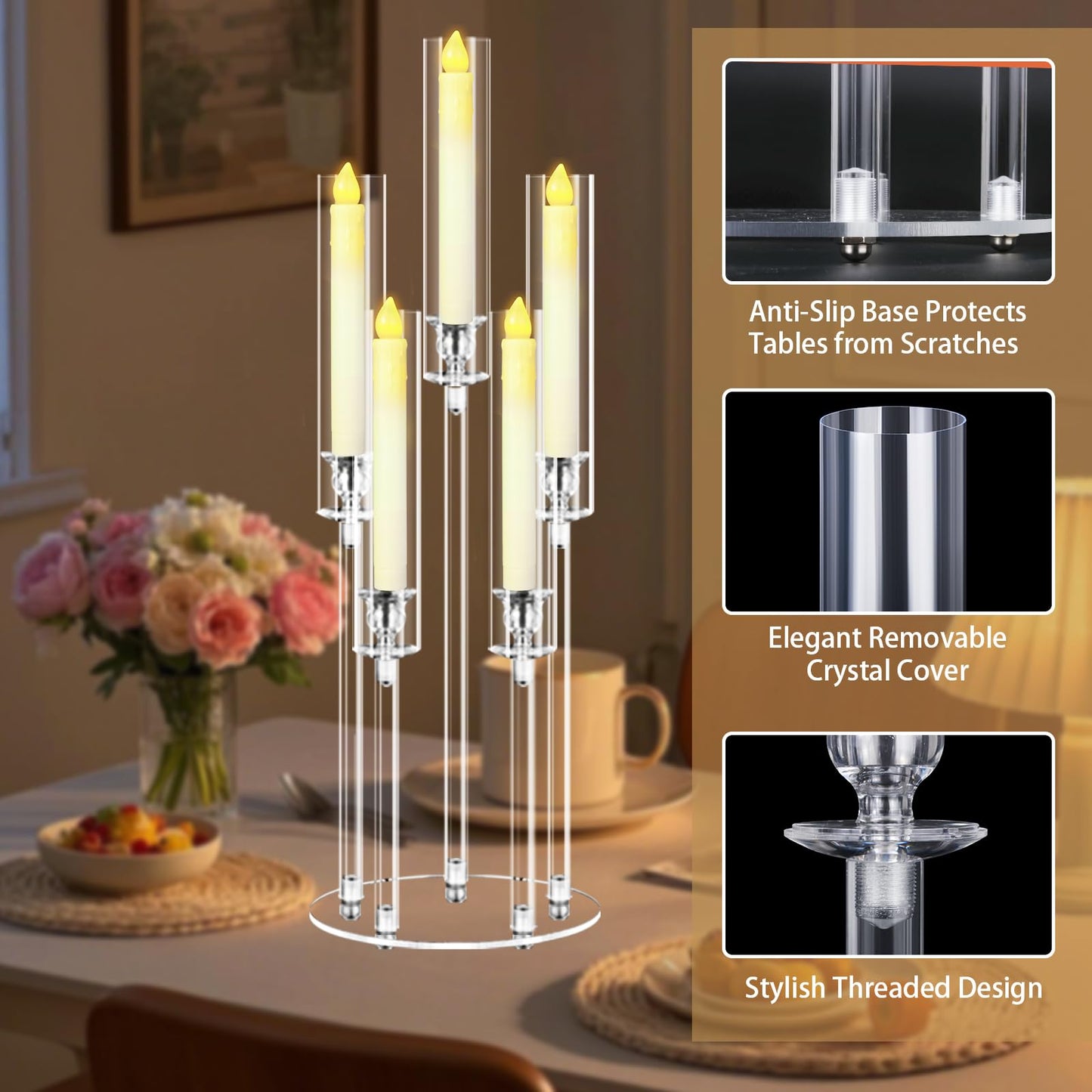 Cheloment 4 Sets 5 Arms Acrylic Candelabra Centerpieces for Tables, 27" Clear Candle Holder for Wedding Dinner Party and Home Decor,Candlesticks Holder with LED Candles