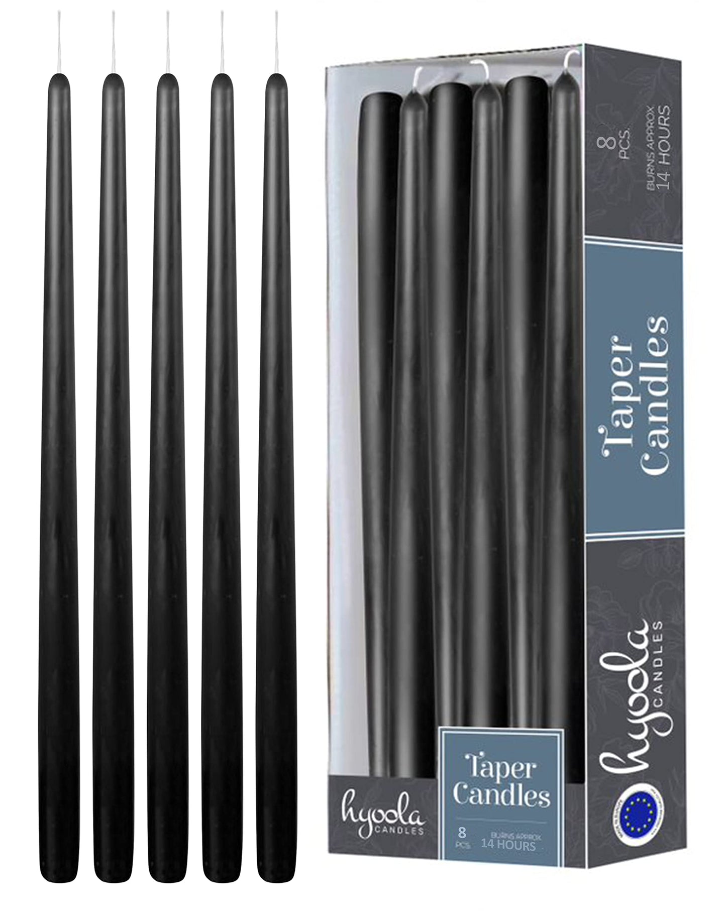 Hyoola Tall Taper Candles - 16 Inch Black Unscented Dripless Taper Candles - 14 Hour Burn Time - 8 Pack