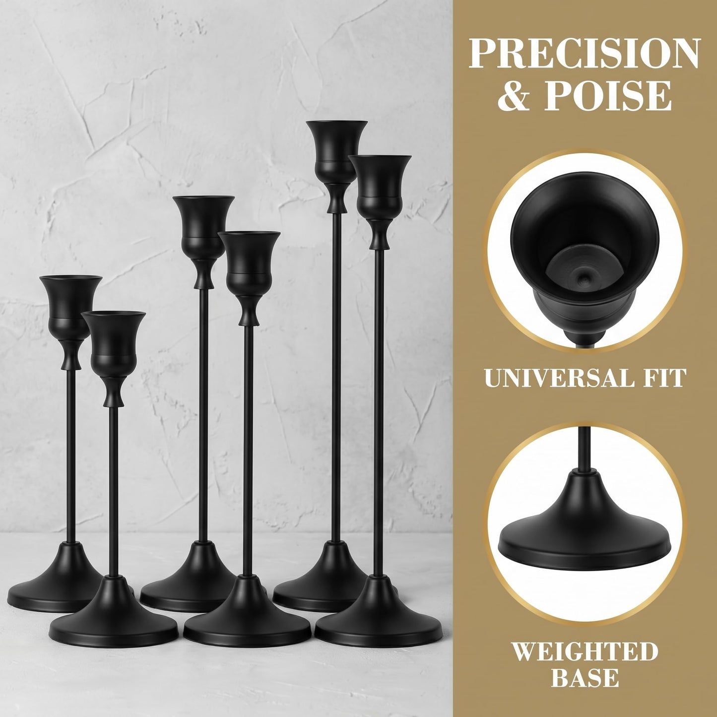 Oakernel Black Taper Candle Holders 4 Sets(12 Pcs) - Tall Metal Candlestick Holders for Table Centerpiece, Formal Dinner, Wedding, Fireplace Mantel Decor, Fits 3/4 Inch Thick Candles