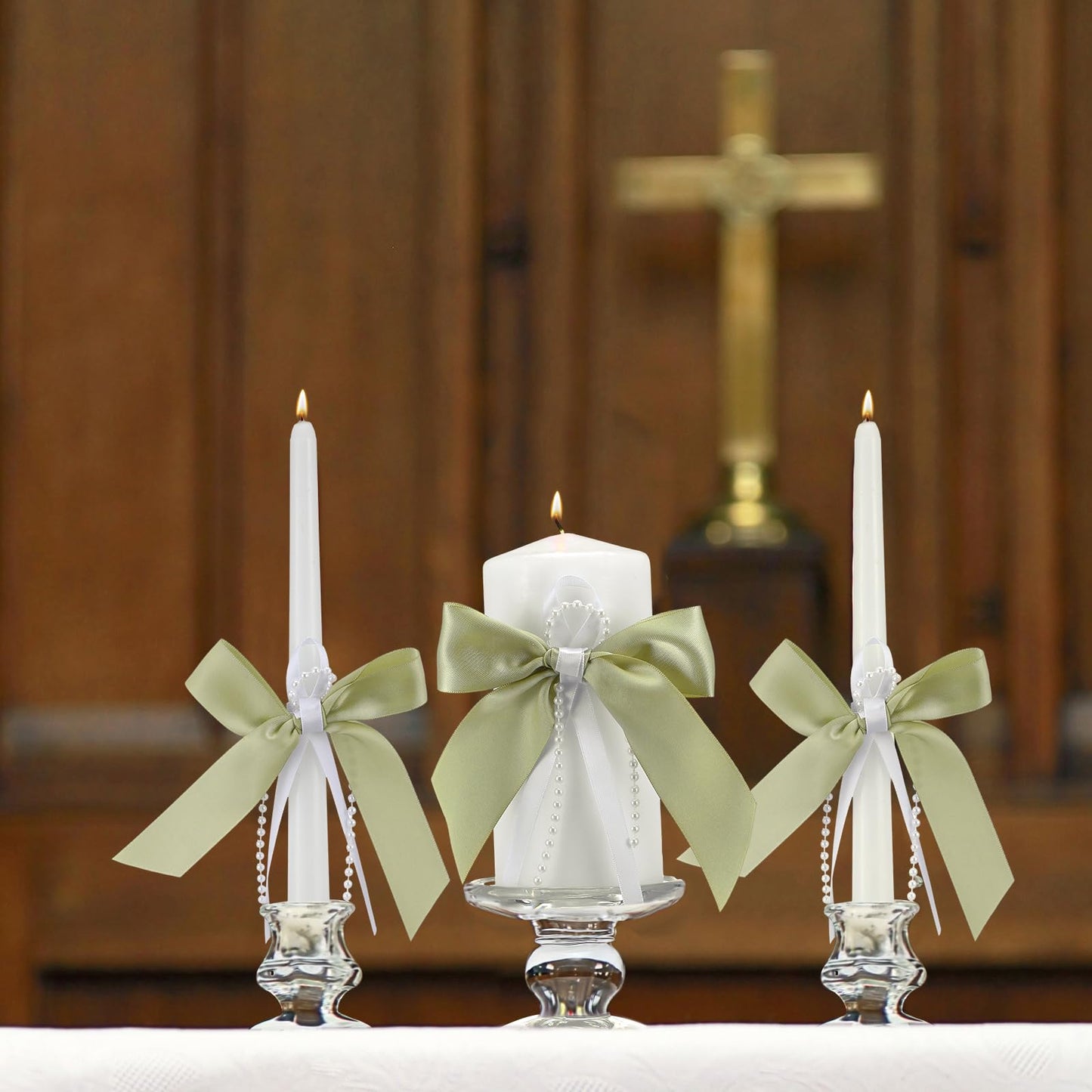 Conelist 3 Pcs Unity Candles for Wedding with Satin Bow and Glass Candle Holder Coquette Unity Pillar and Taper Candles Set Wedding Ceremony Reception Decor for Formal Events Church(Sage Green)