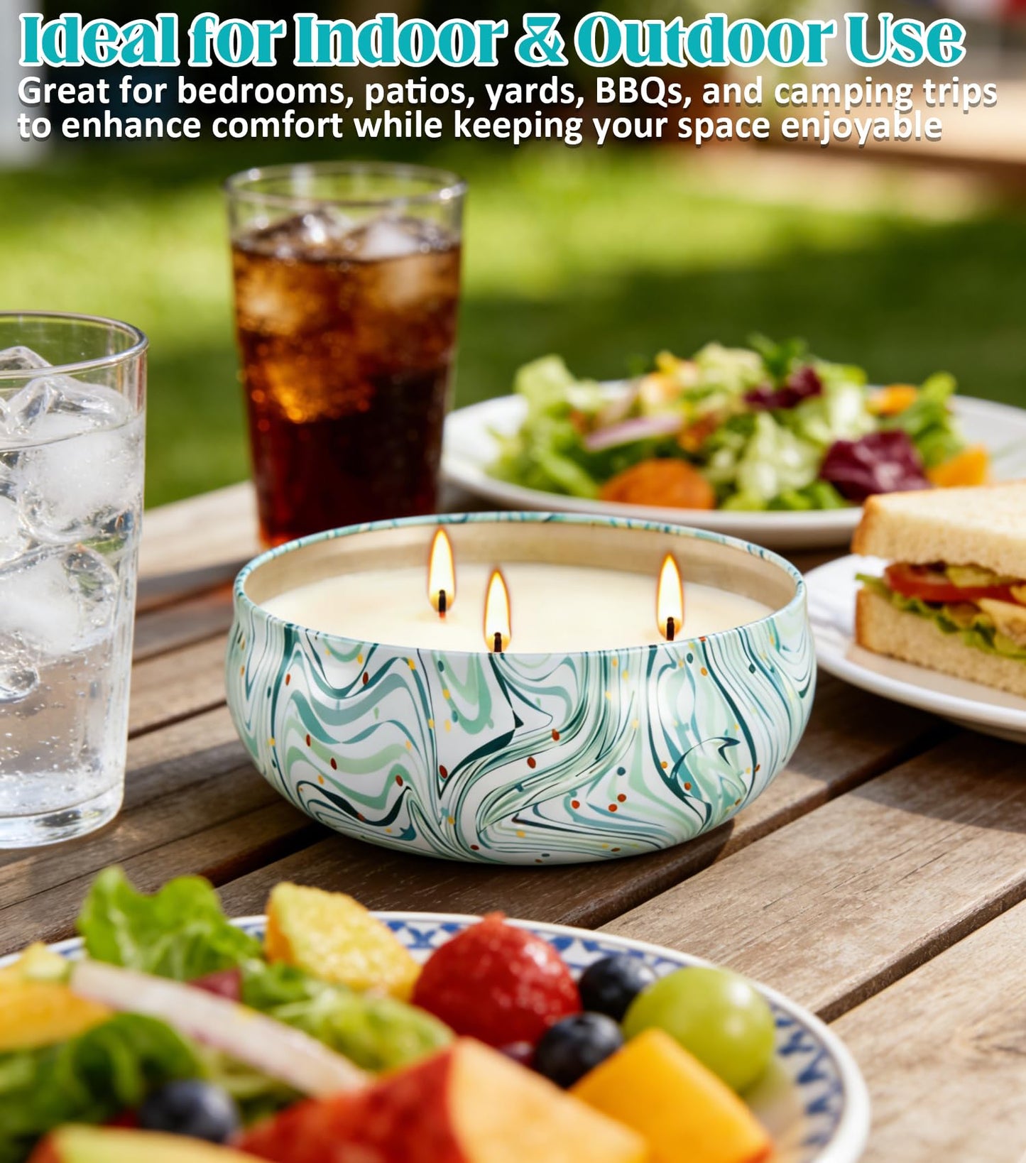 Citronella Candles Outdoor, 3 Pack 12oz Large Citronella Candle 3-Wick Natural Soy Wax Summer Candle Set 240 Hours Long Lasting Burning Huge Scented Outdoor Indoor Candles for Garden Yard (Blue)