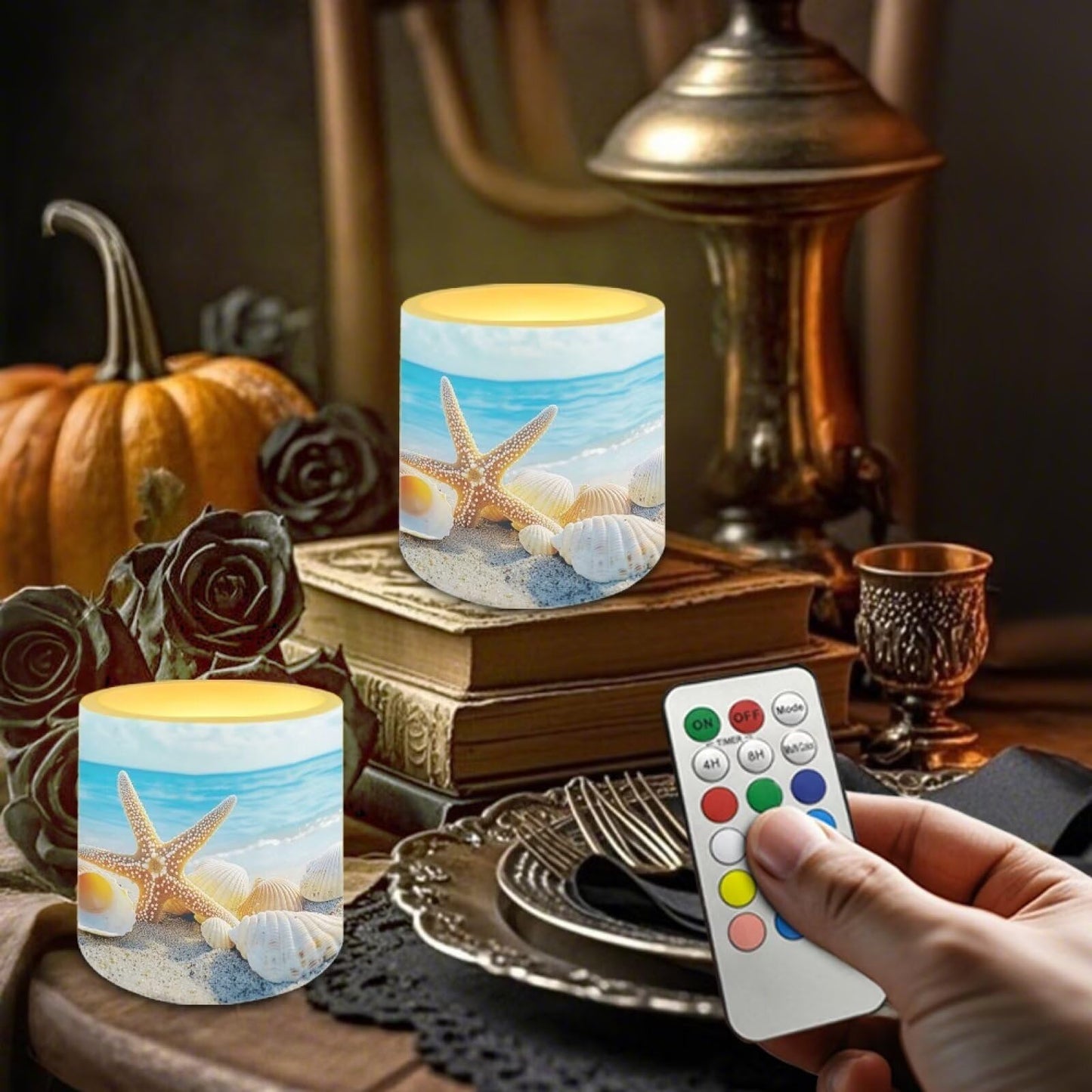 Merkmak 4 Pack Flickering Flameless Candles with Remote and Timer Control LED Pillar Tea Lights for Coastal Theme Home Decorations Battery Operated Candles, Shell Starfish