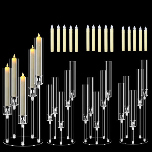 Cheloment 4 Sets 5 Arms Acrylic Candelabra Centerpieces for Tables, 22.8" Clear Candle Holder for Wedding Dinner Party and Home Decor,Candlesticks Holder with LED Candles