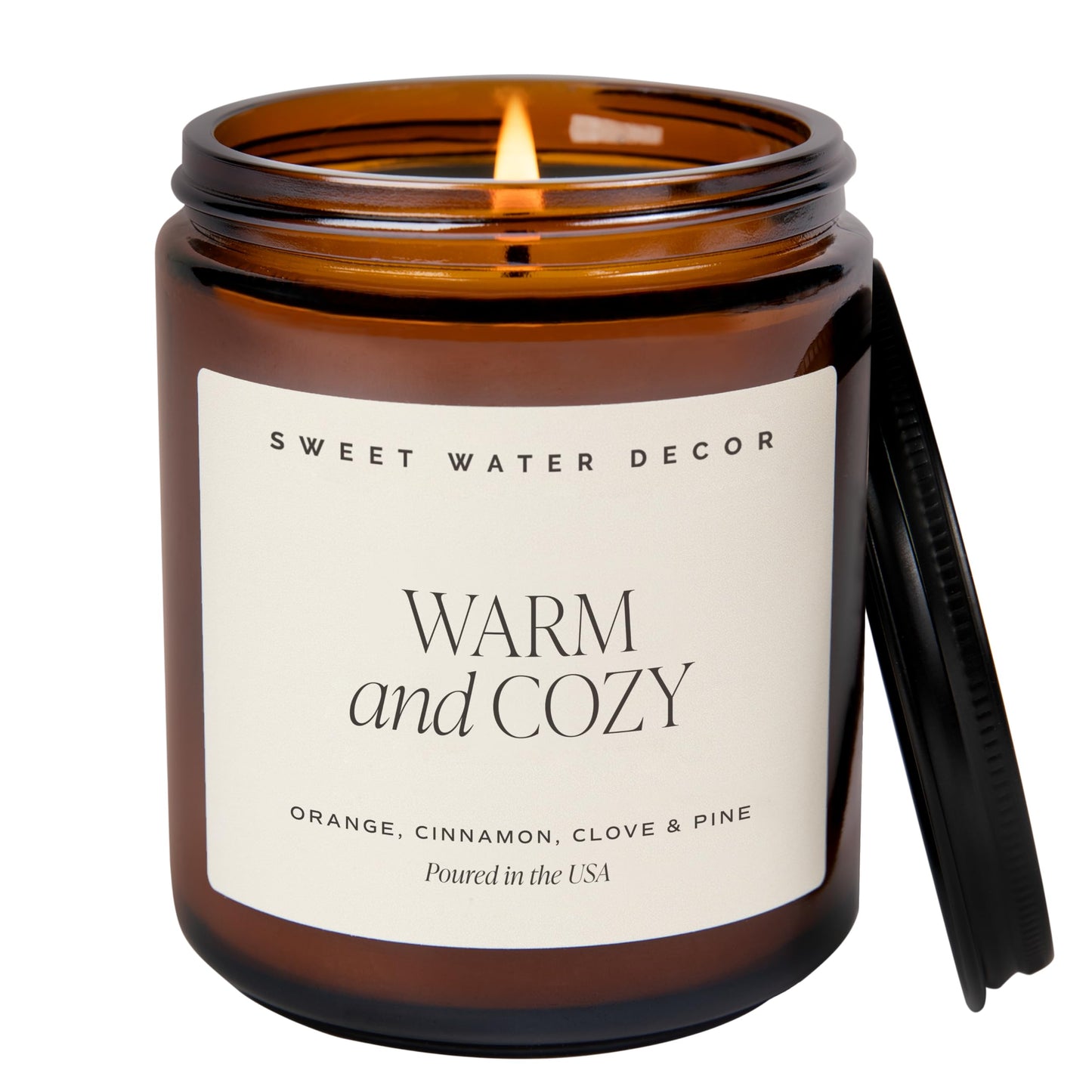 Sweet Water Decor Warm and Cozy Soy Candle - Orange Peel, Cinnamon, Ginger and Clove Scented Candles for Home - 9oz Amber Jar + Black Lid, 40+ Hour Burn Time, Made in the USA